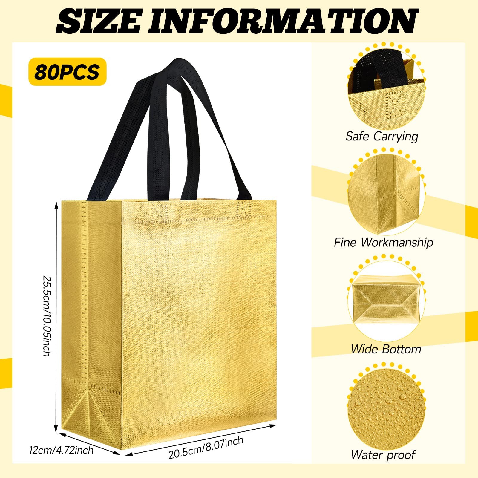 80 PCS 10x8x4.7 Inch Gold Reusable Gift Bags Black Handle Ramadan Easter