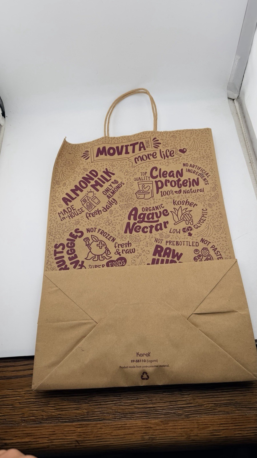 Movita Juice Bar Reusable Kraft Paper Shopping Gift Bag Purple Logo Eco Friendly
