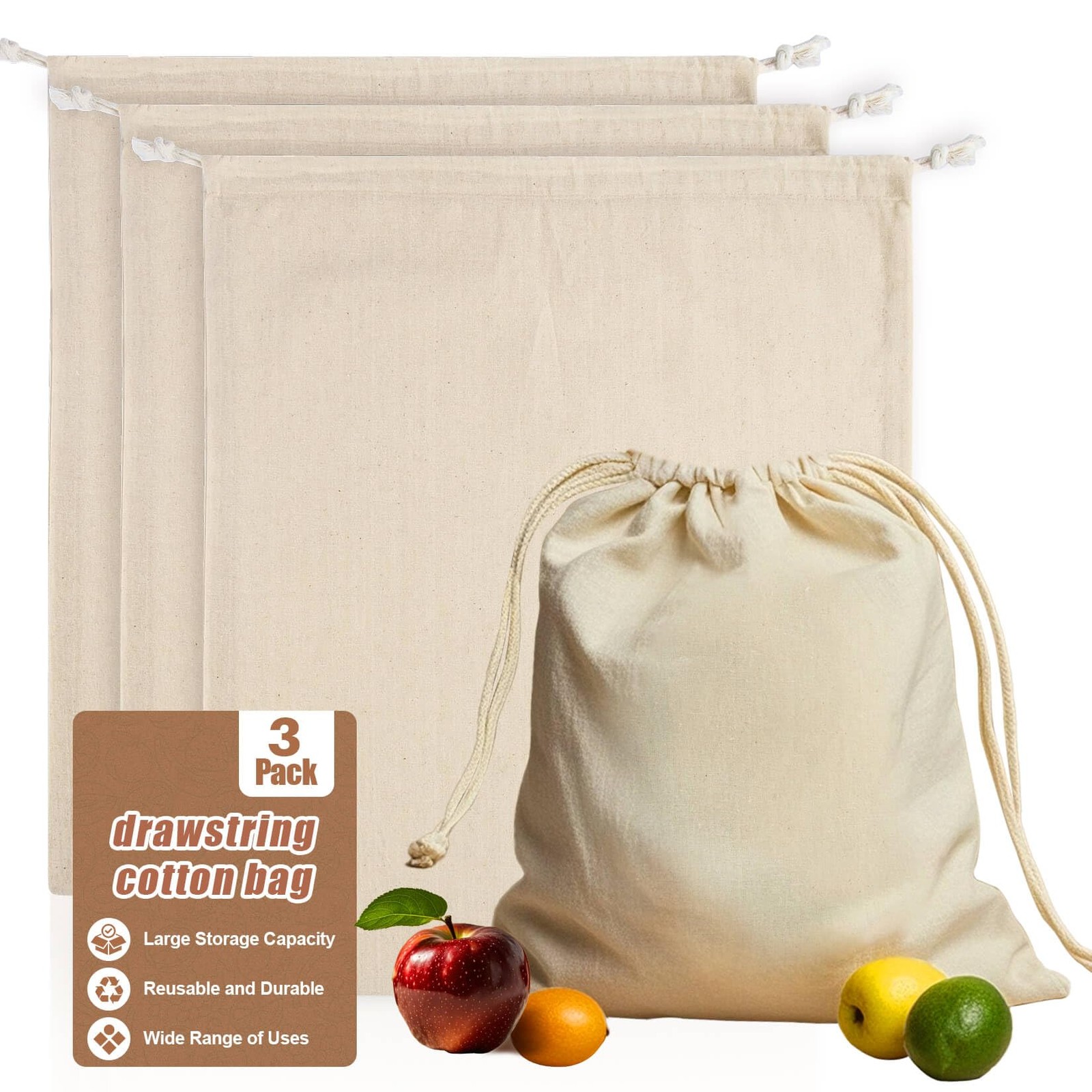Cotton Storage Bags With Drawstrings – Rainflow 3 Pack 55.56 liters, white