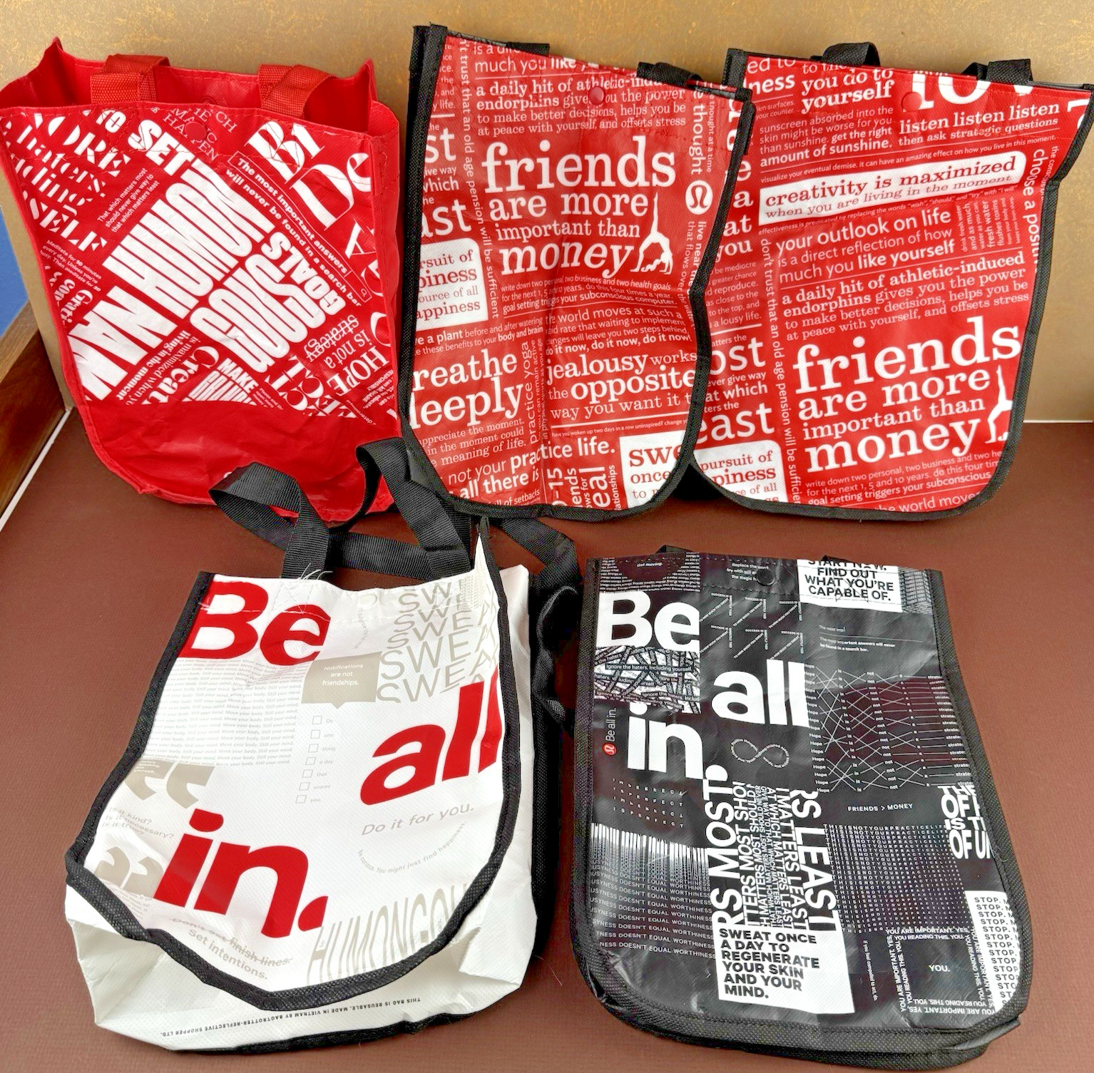 Lot Of 5 Lululemon 12X9″ Reusable Shopping Bags Red Black Be All In Love