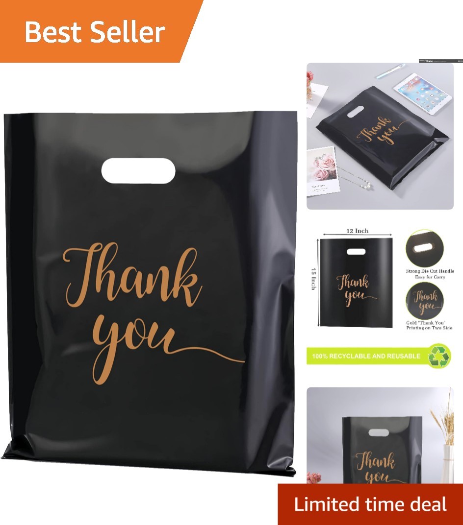 Durable 2.36 Mil Black Thank You Bags 100 Count – Ideal for Boutique Gifts