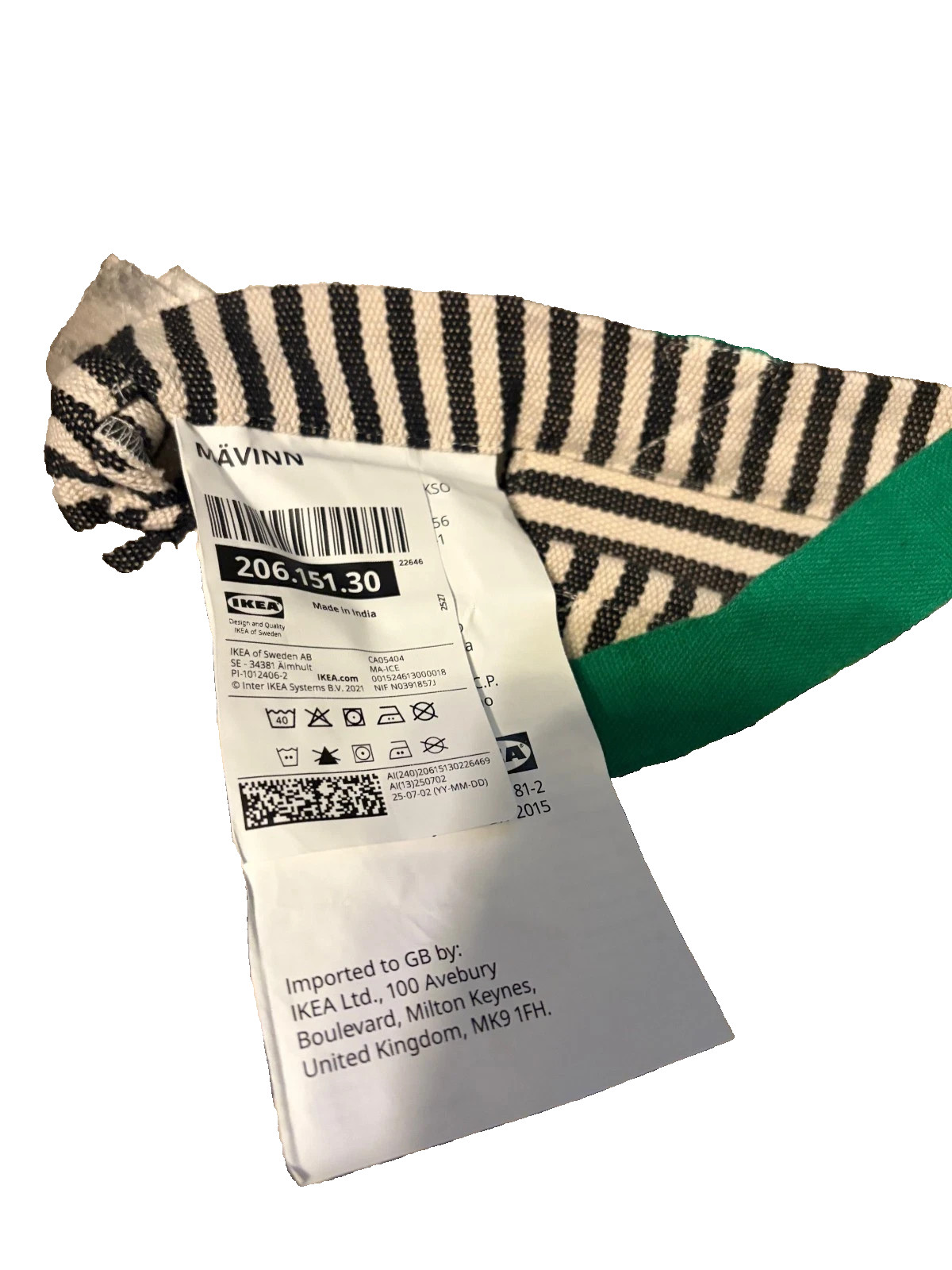 IKEA 100%Cotton Tote Bag ,Green/Stripe White/Black MÄVINN, 16X16″ 1PC New Arriva