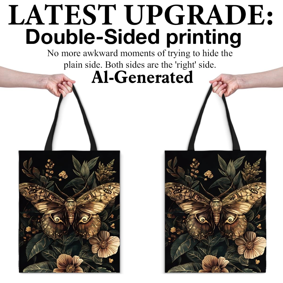 Witchy Floral Moth Print Canvas Tote Bag for Moth Dark Goth Reusable Grocery …