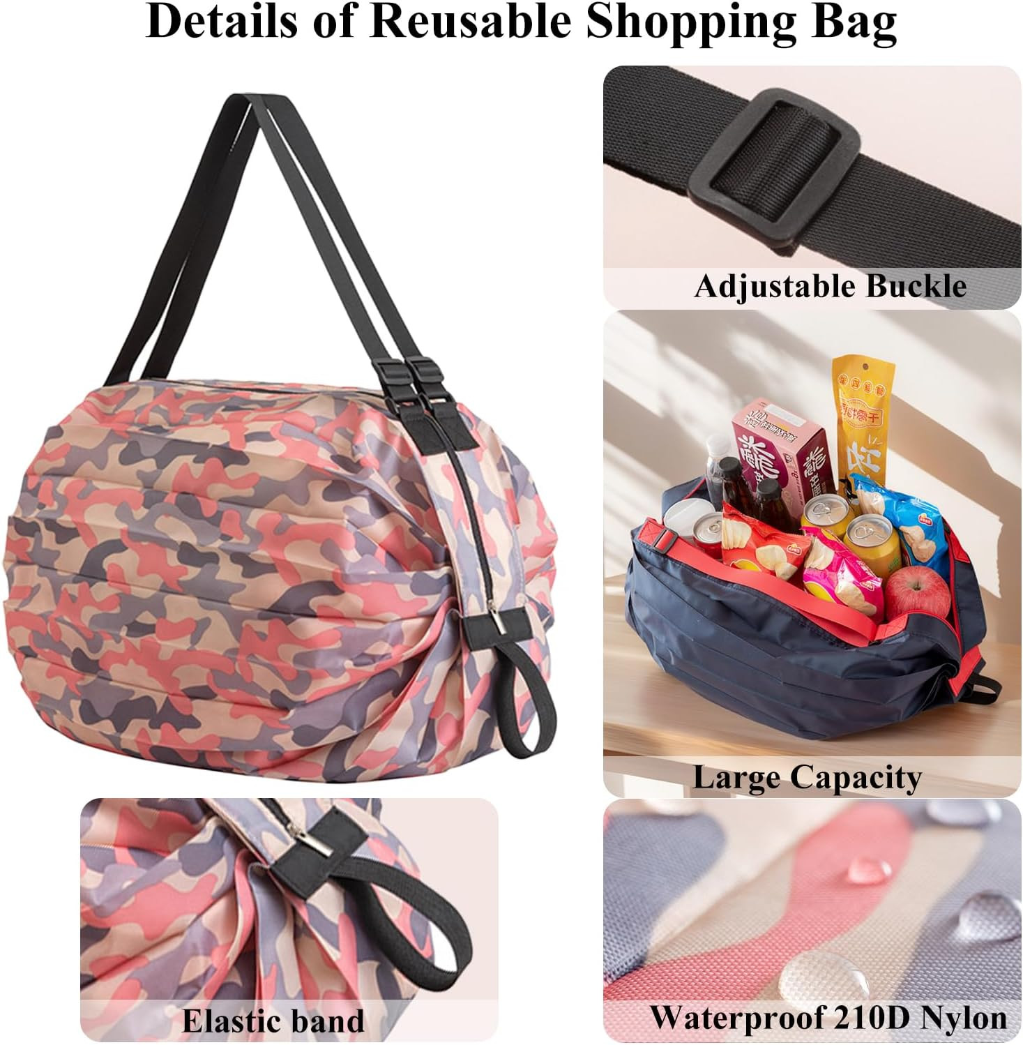2PC Foldable Reusable Shopping Bags 210D Nylon Waterproof Grocery Tote Travel Du