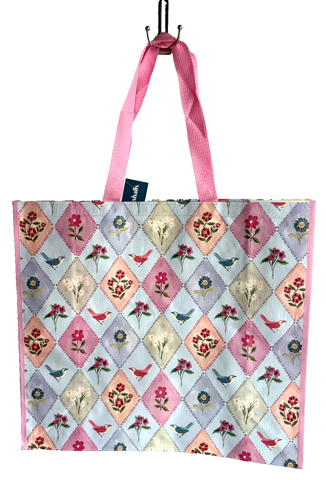 MARSHALLS REUSABLE LARGE TOTE SHOPPING BAG 20″ X 18″ BIRDS FLOWERS PINK BLUE NEW