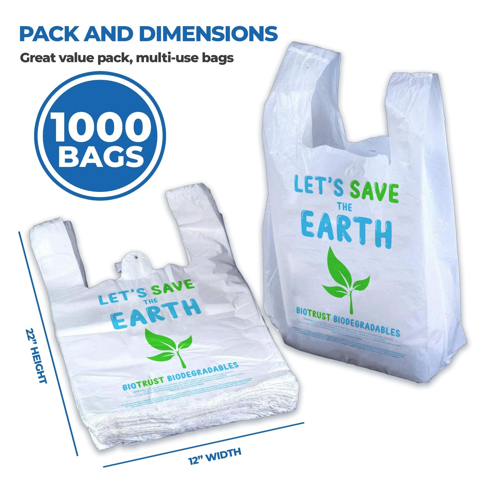 Biorift 1000ct Large T-Shirt Bags | Durable Grocery Shopping Bags | Made in USA