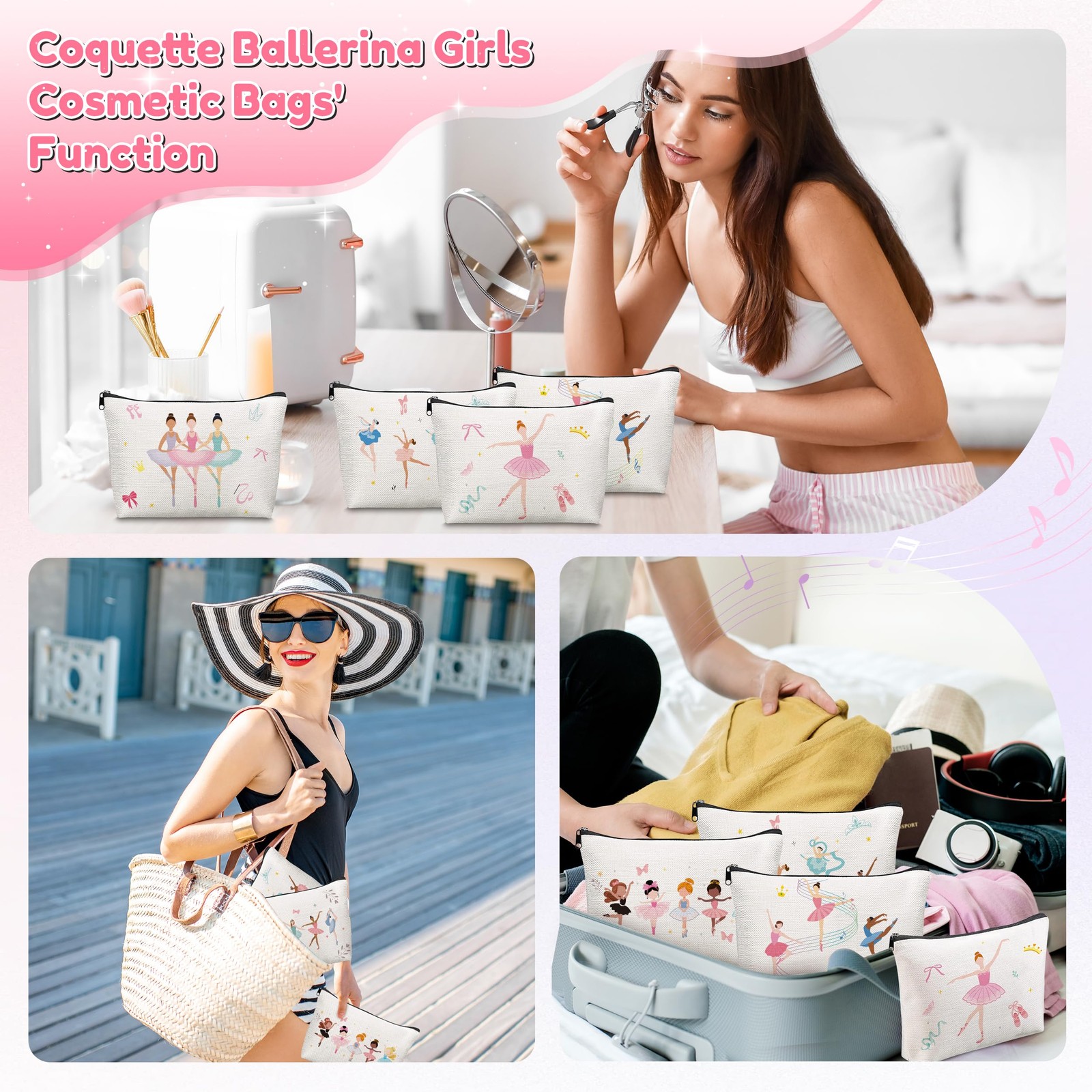 Y1tvei Ballerina Canvas Makeup Bags – Cute Ballet Dancing Girls White
