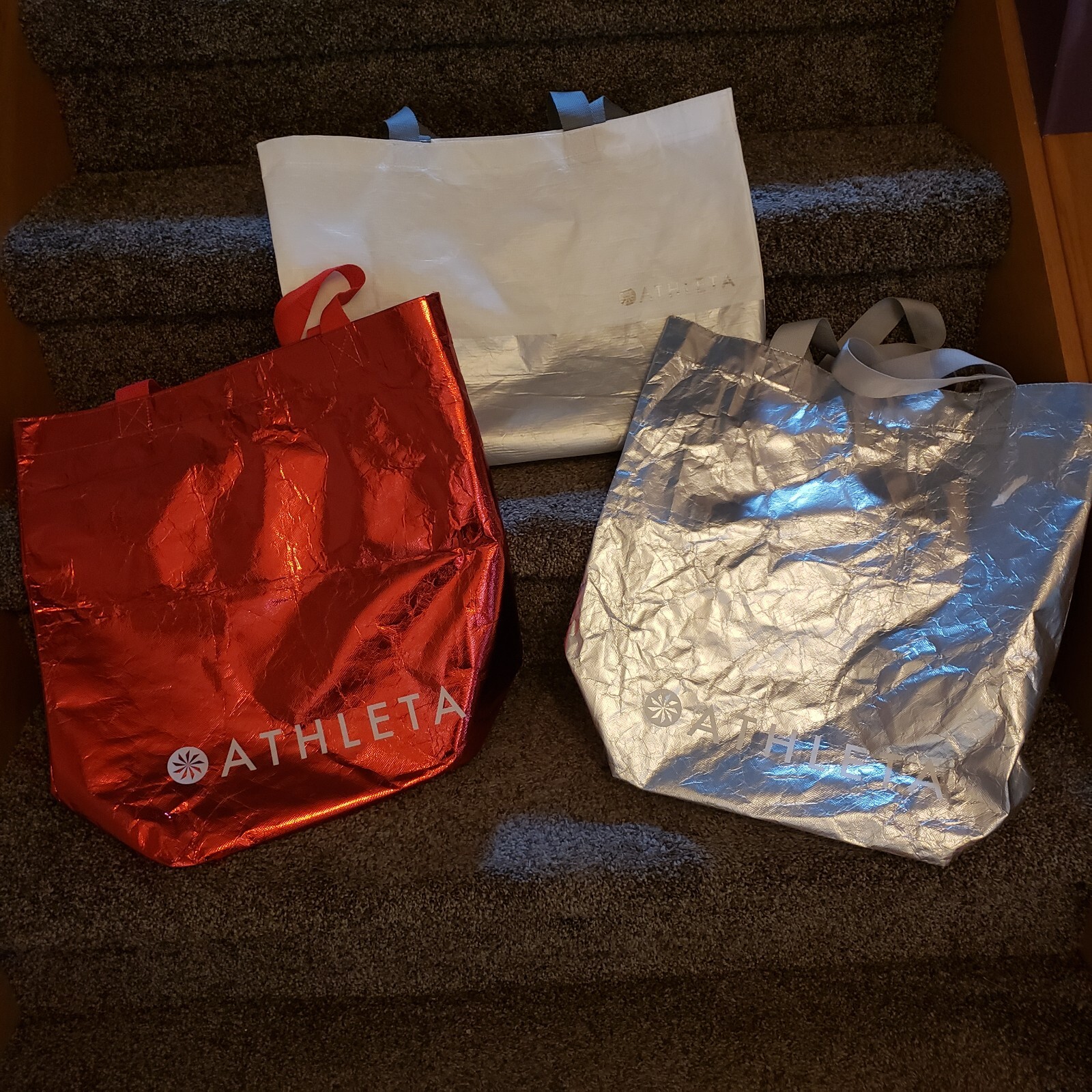 Lot of 3 Athleta White Red Silver Metallic Reusable Shopping Bags
