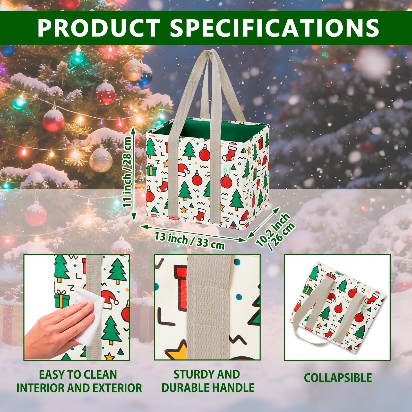 3 PCS 6 Gallon Jingle Mix Heavy Duty Water Resistant Reusable Grocery Bags