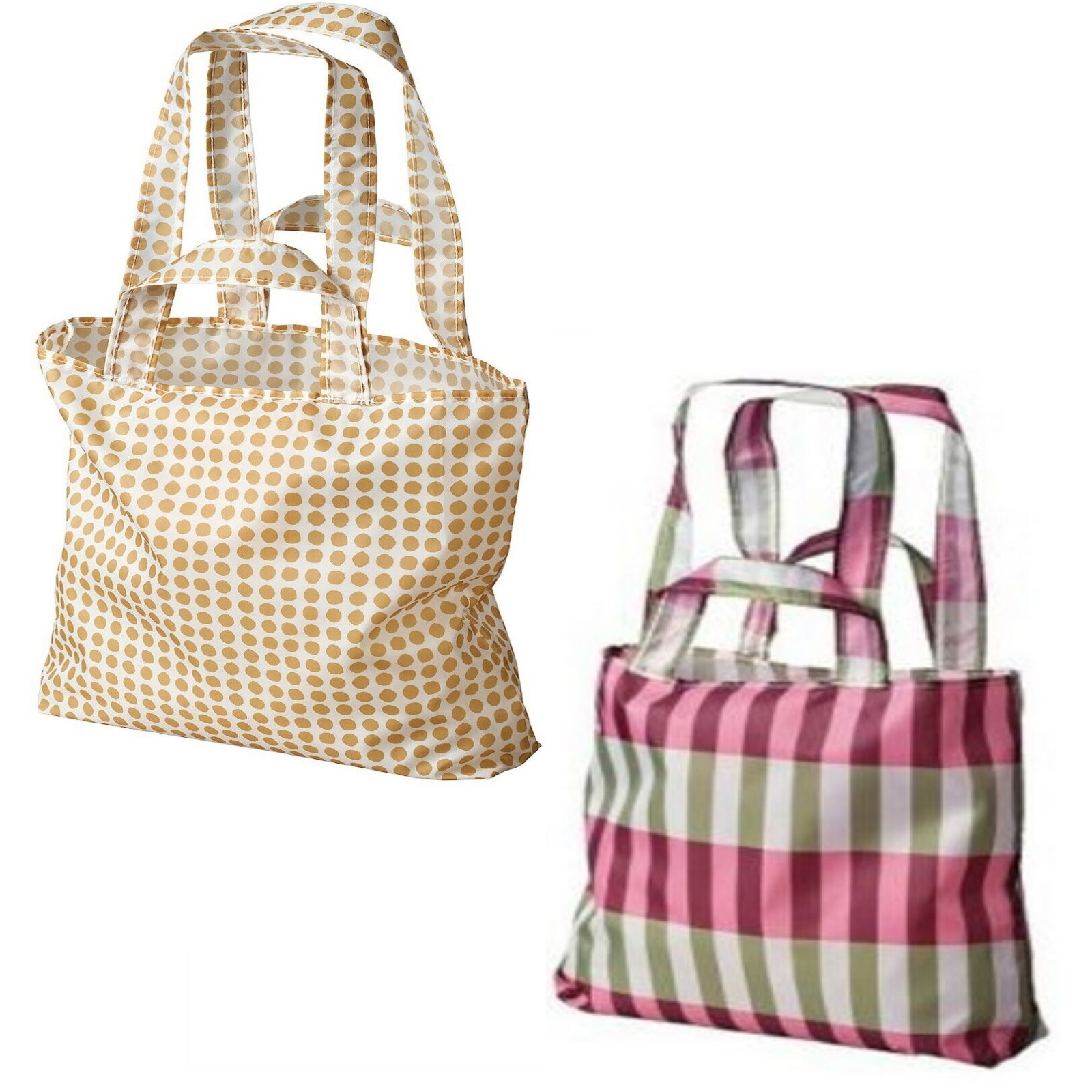 2 IKEA Skynke Reusable Shopping Bags Handles Pouch Plaid Polka Dot Sustainable