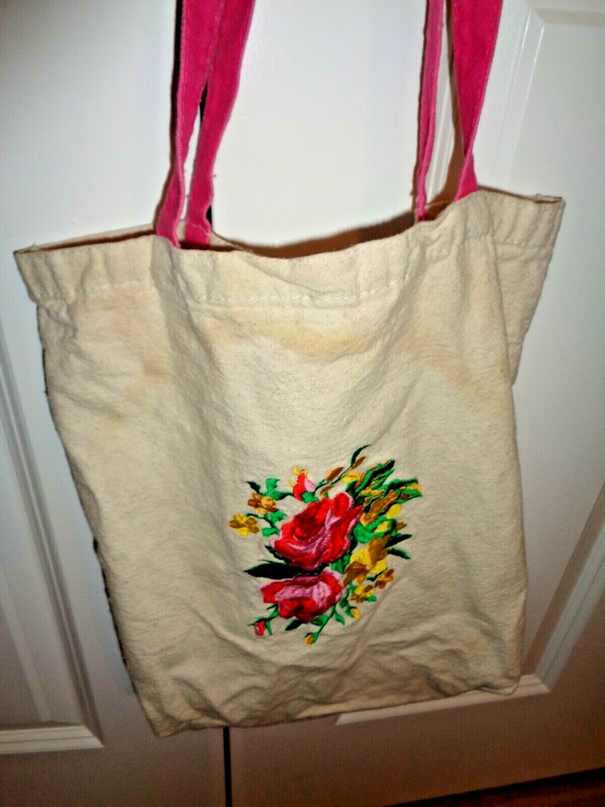 Vintage Reusable Embroidered Flower Cotton Grocery Tote Bag & Pink Strap 13X13X3