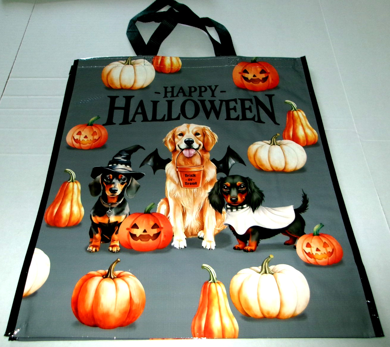 HALLOWEEN ~ Reusable Tote Bag~19″ X 17″ X 7″~HAPPY HALLOWEEN w/a Grey Background