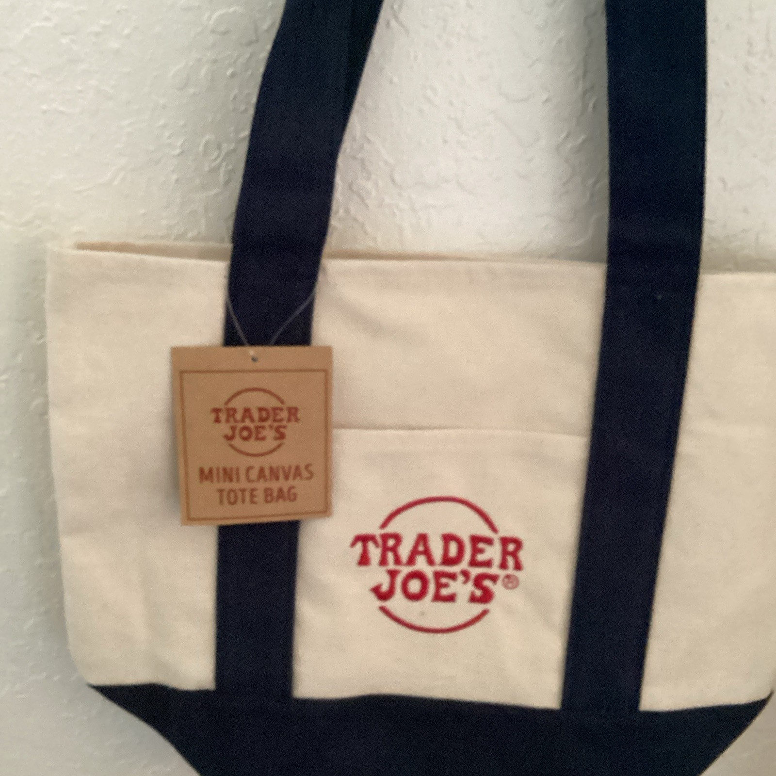 Trader Joe’s Mini Canvas Tote Bag Beige/Blue Cotton Polyester Logo Tote