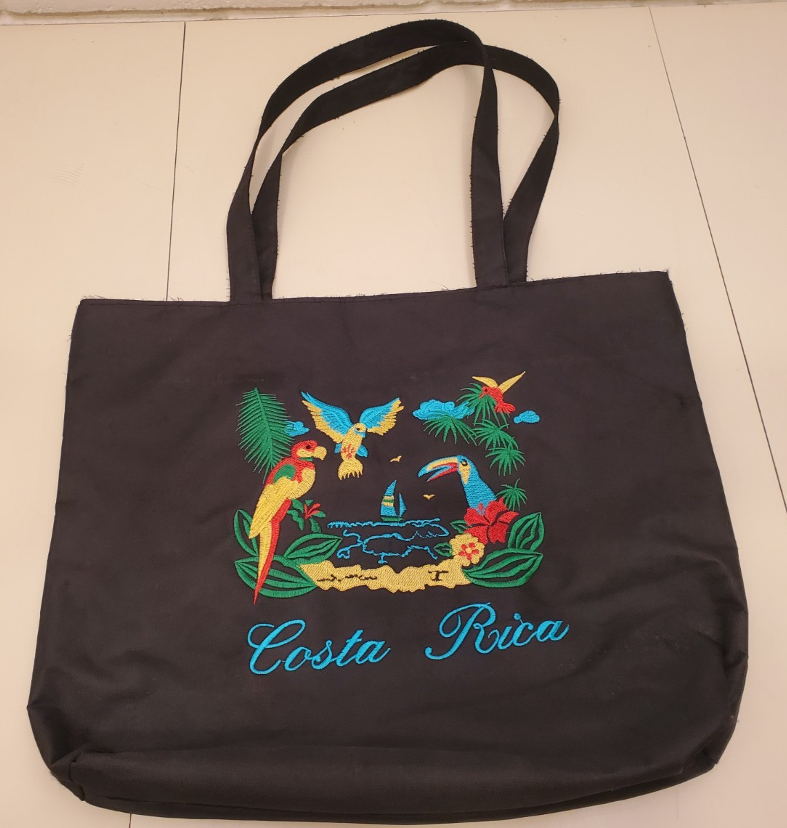 COSTA RICA EMBROIDERED BLACK GROCERY SHOPPING TOTE BAG CANVAS TROPICAL LATIN