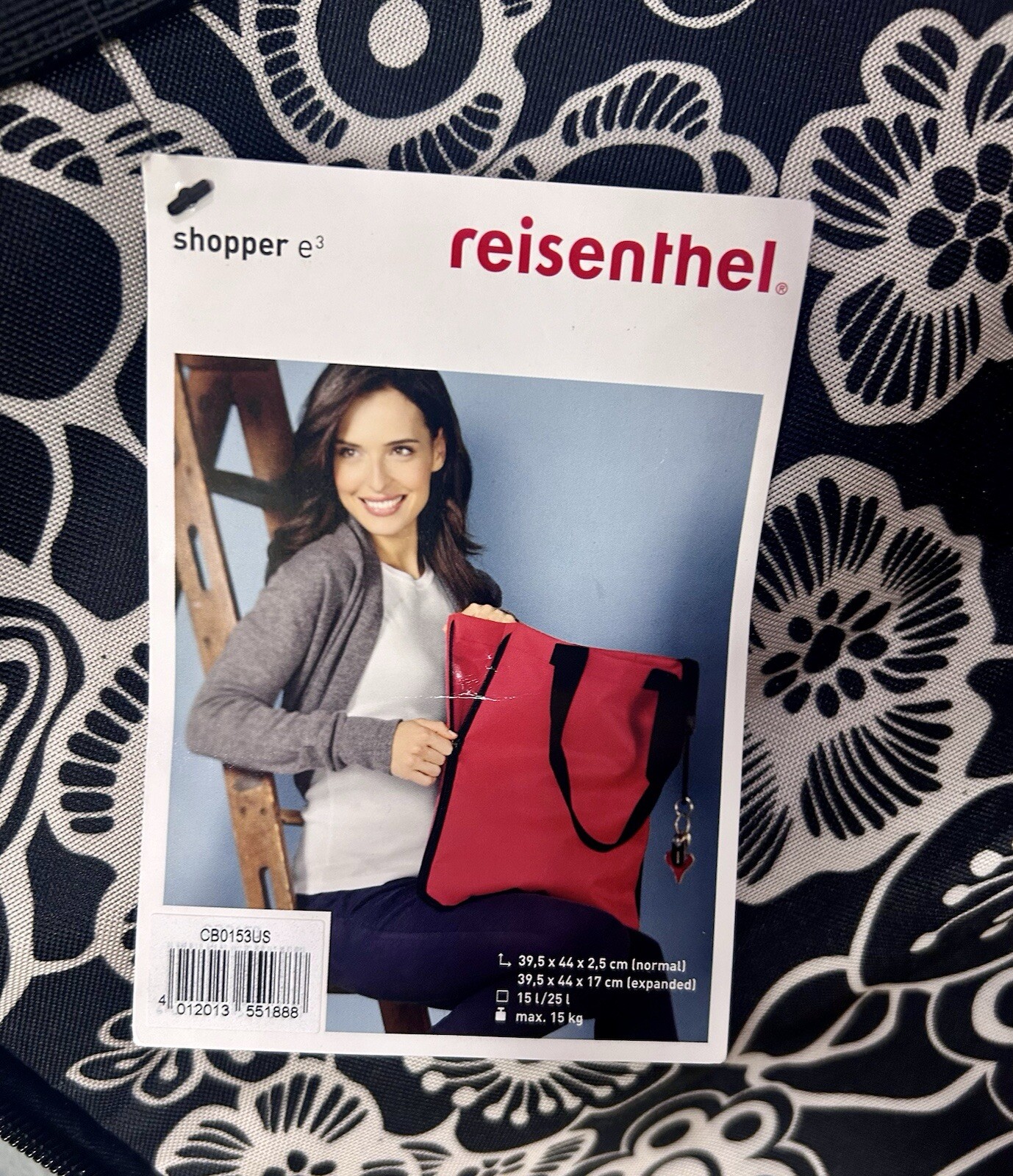 reisenthel Large Expandable ‘Shopper e3’ Tote Bag Black & White Floral, NWT