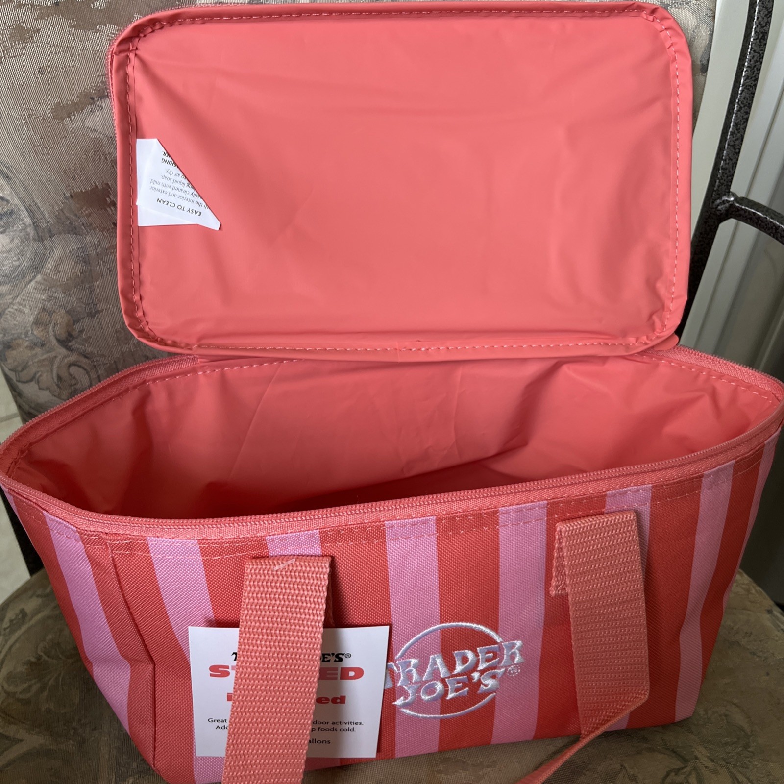 Trader Joes Mini Insulated Lunch Tote Bag Cooler Striped Pink Peach Limited NWT
