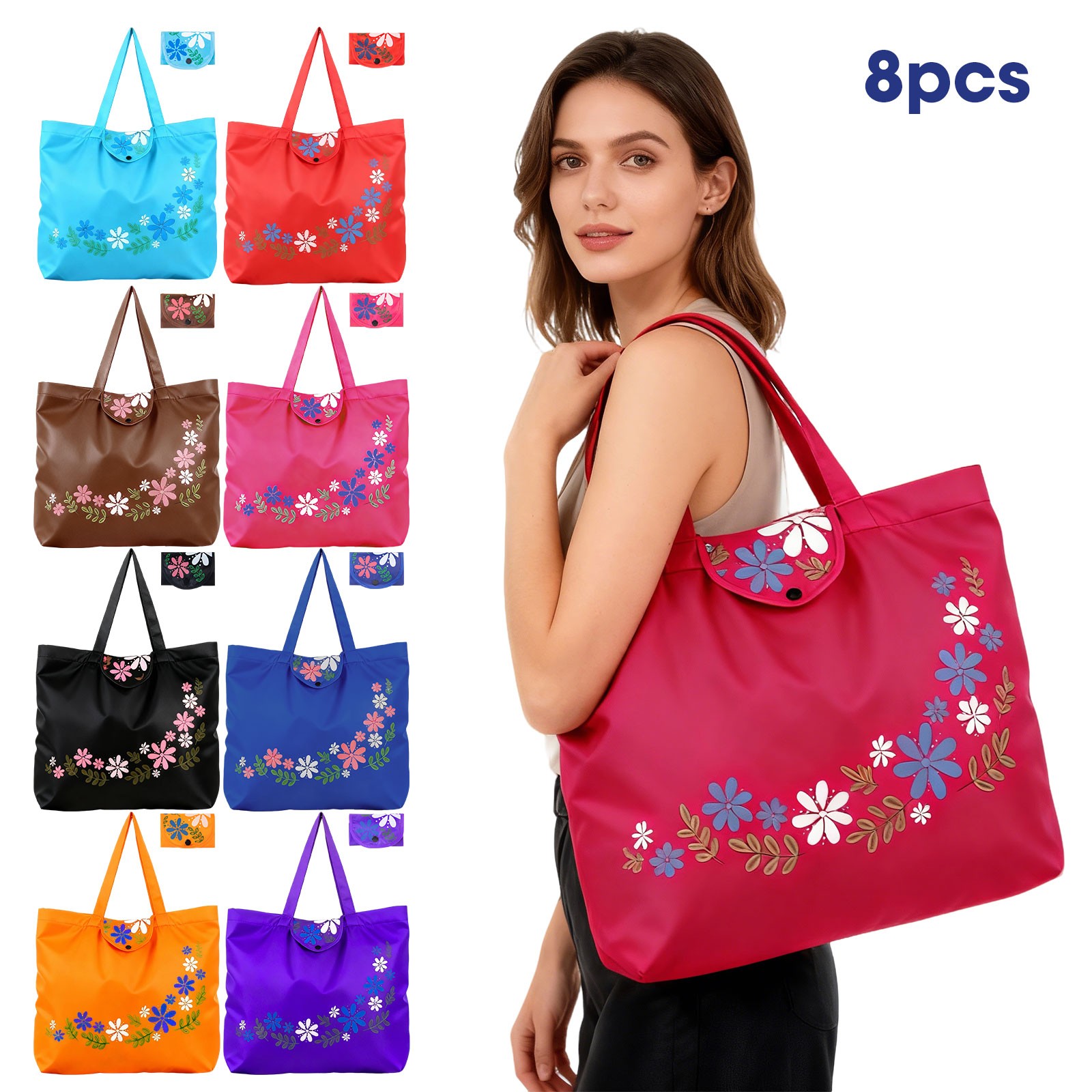8x Foldable Heavy-Duty Grocery Bags Shopping Totes with Handles Button 8 Colors