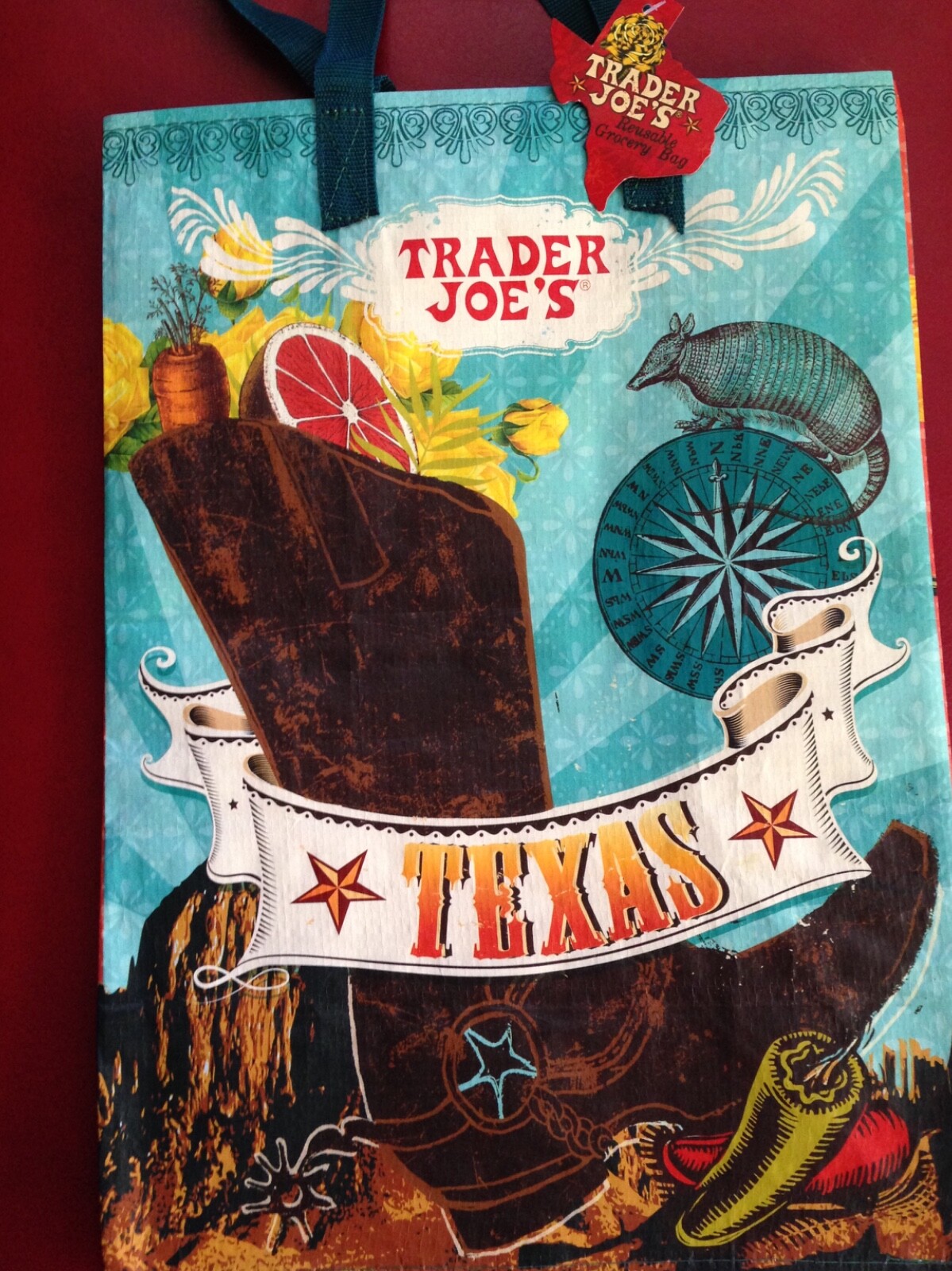 Trader Joe’s Texas Reusable Shopping Bag Cowboy Boot Armadillo Yellow Rose