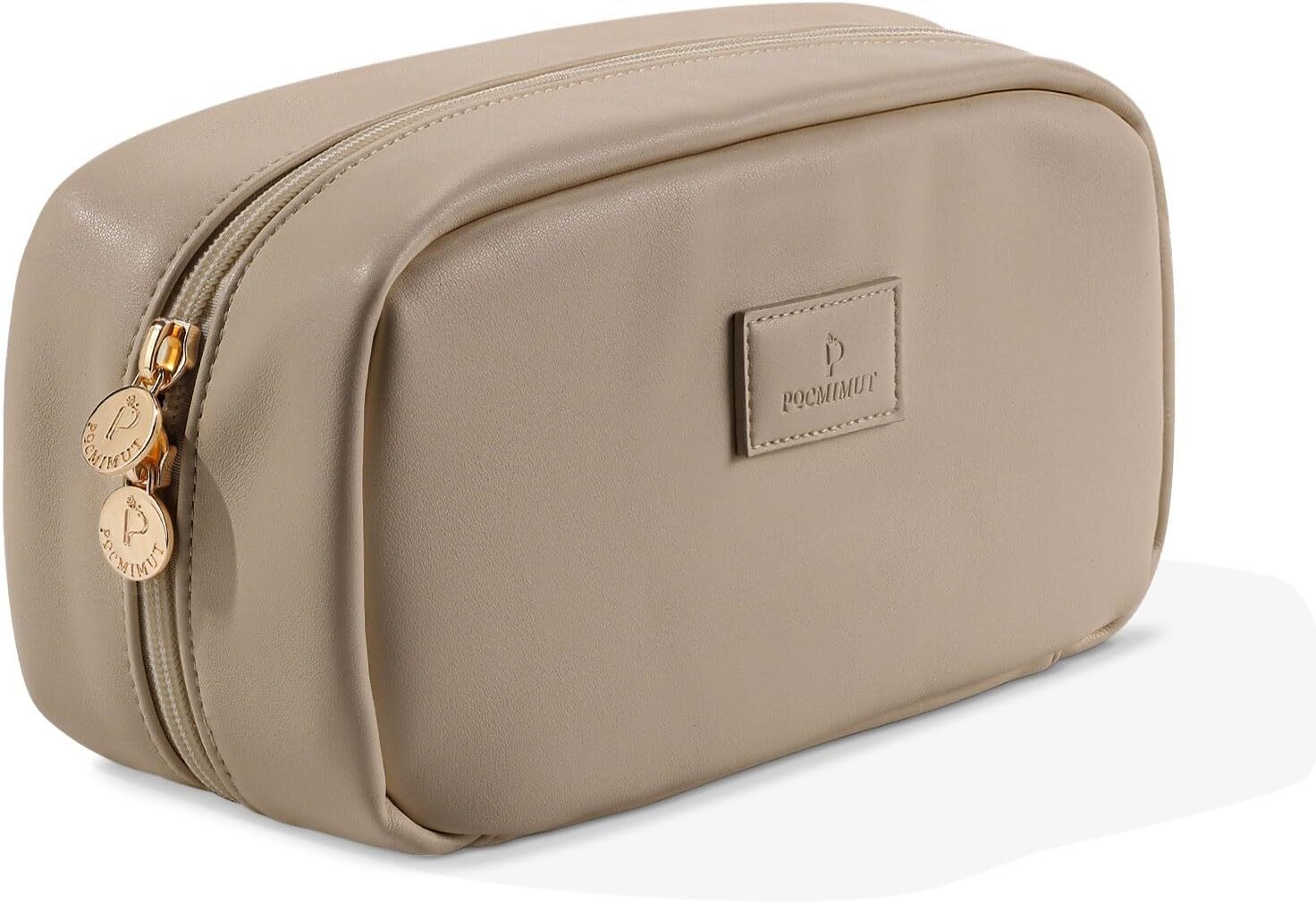 Pocmimut Makeup Bag,PU Leather Travel Cosmetic Bag,Open Flat Large, Apricot