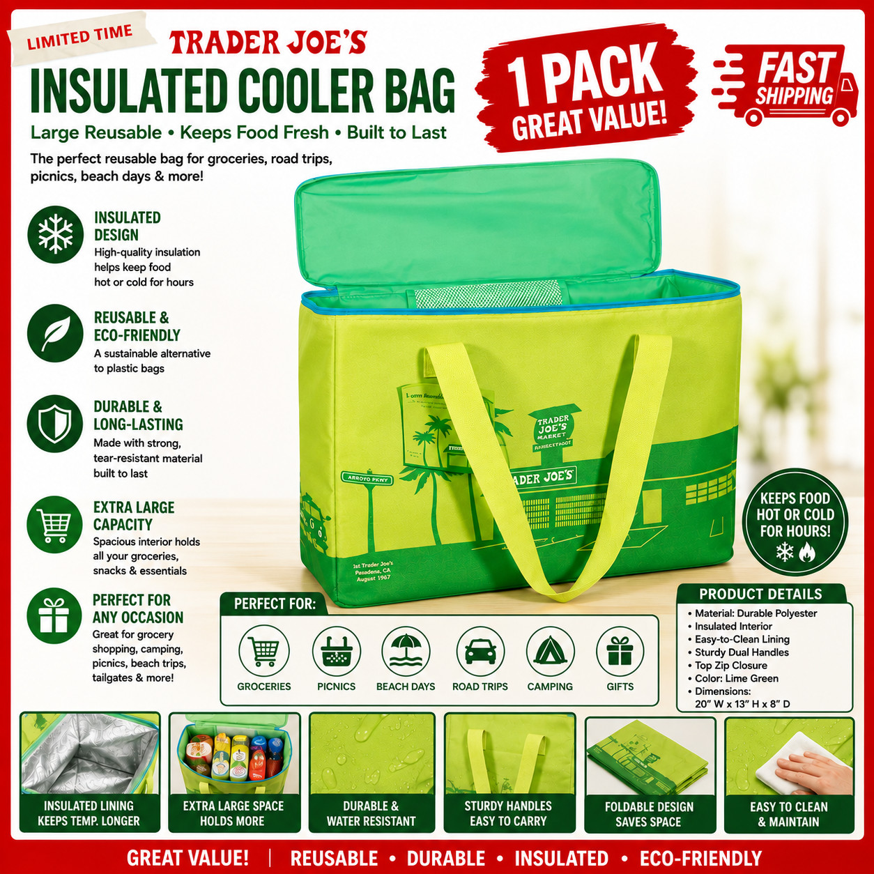 Trader Joe’s 8 Gallons Reusable Bag Cooler Large Insulated Lime Green LIMITED