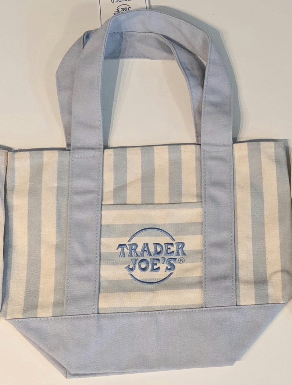 Blue Trader Joe’s Striped Mini Canvas Tote Bag Reusable Shopping Tote Nwt Beige