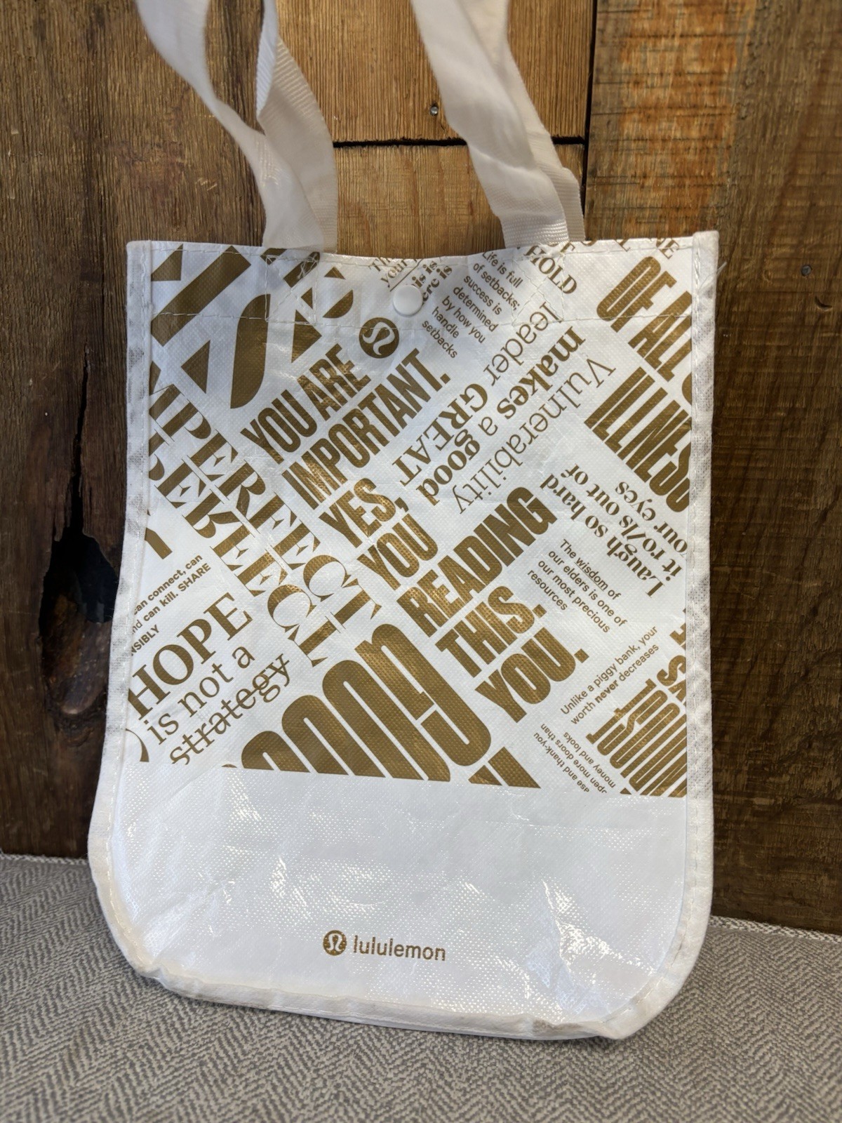 Lululemon 20th Anniversary Reusable Tote Bag White Gold Snap Button 12×9