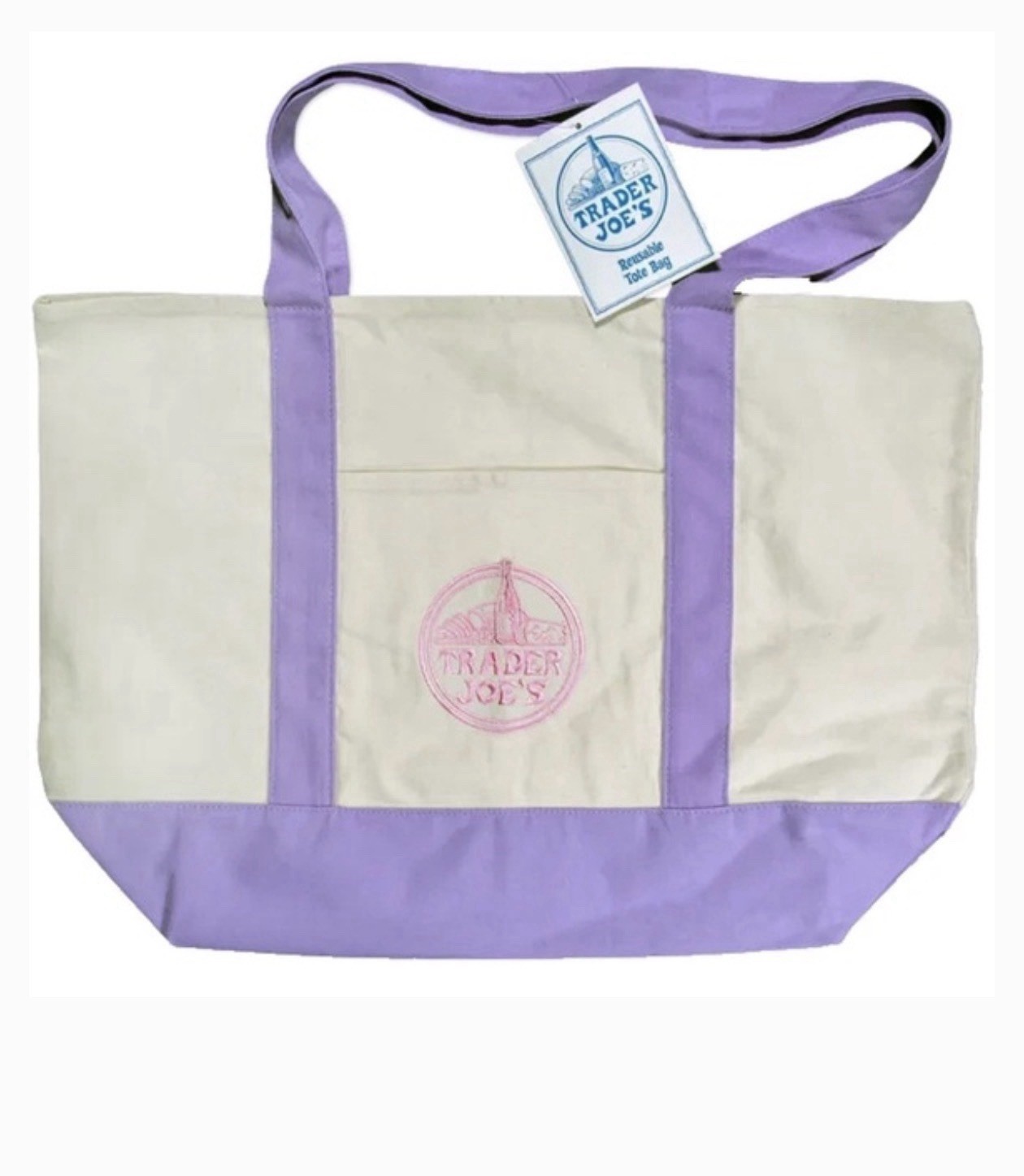Trader Joe’s Canvas Foldable Reusable Shopping Bag Purple Beige Contemporary