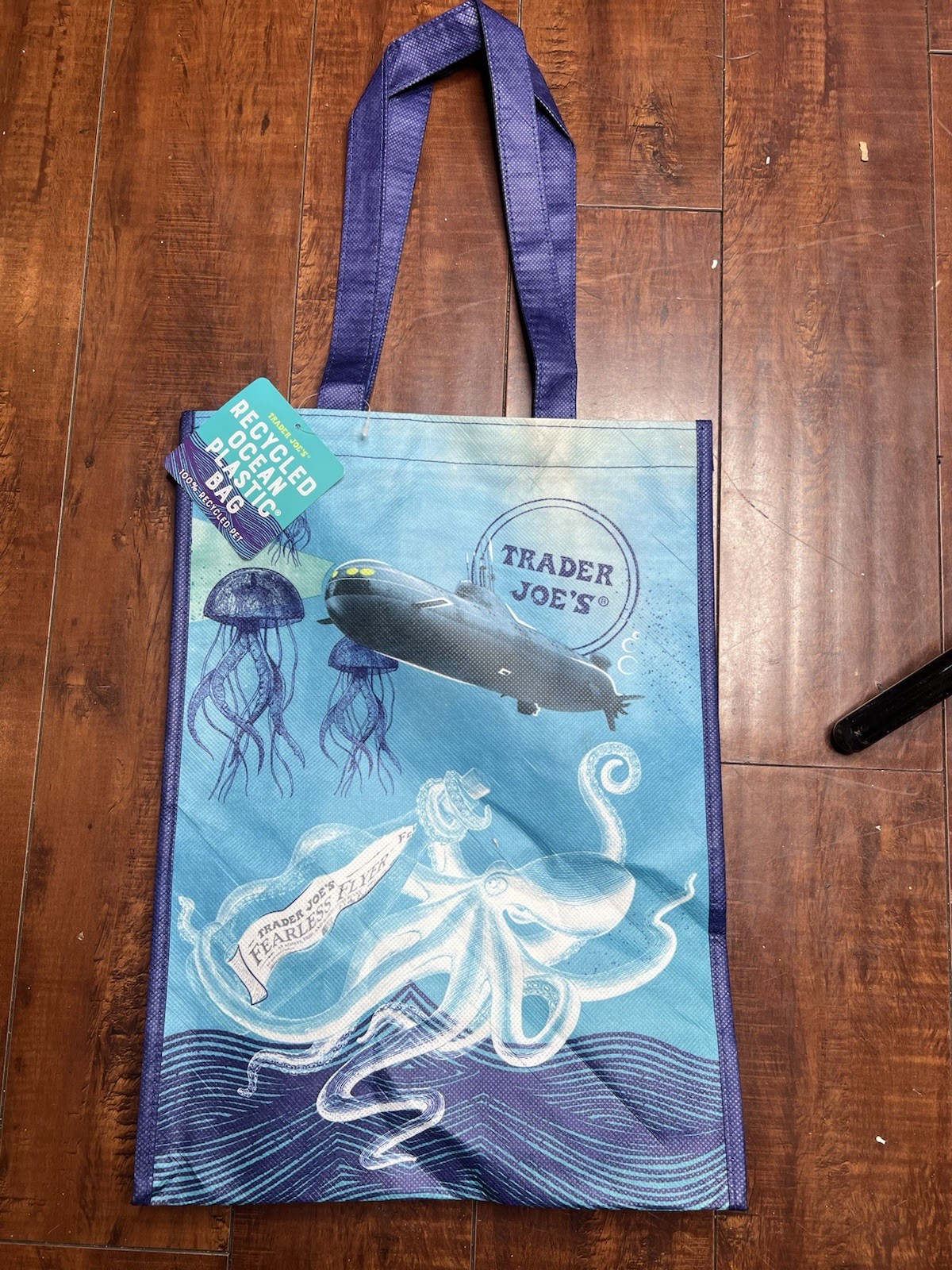 Trader Joe’s Blue Fish Tote Bag Ocean Clownfish Submarine Reusable 100% Recycled