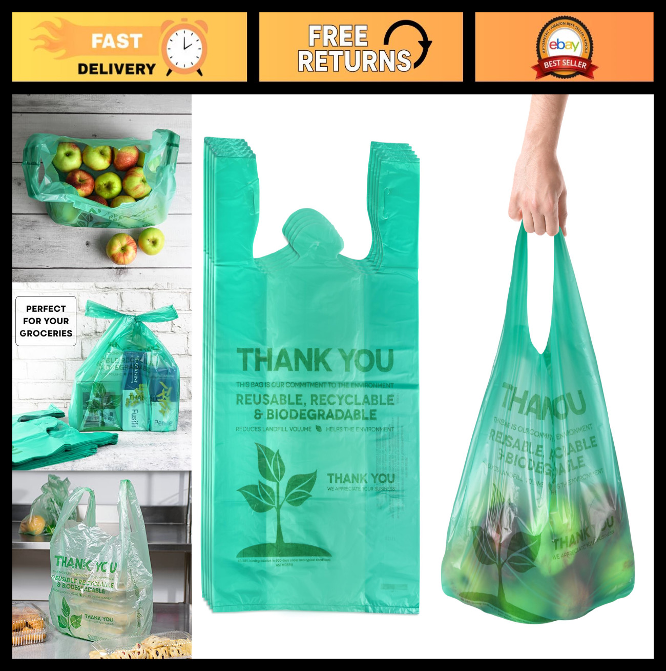 Biodegradable Eco-Friendly Plastic Shopping Bags – 100 Count, 22″x12″, Thank You