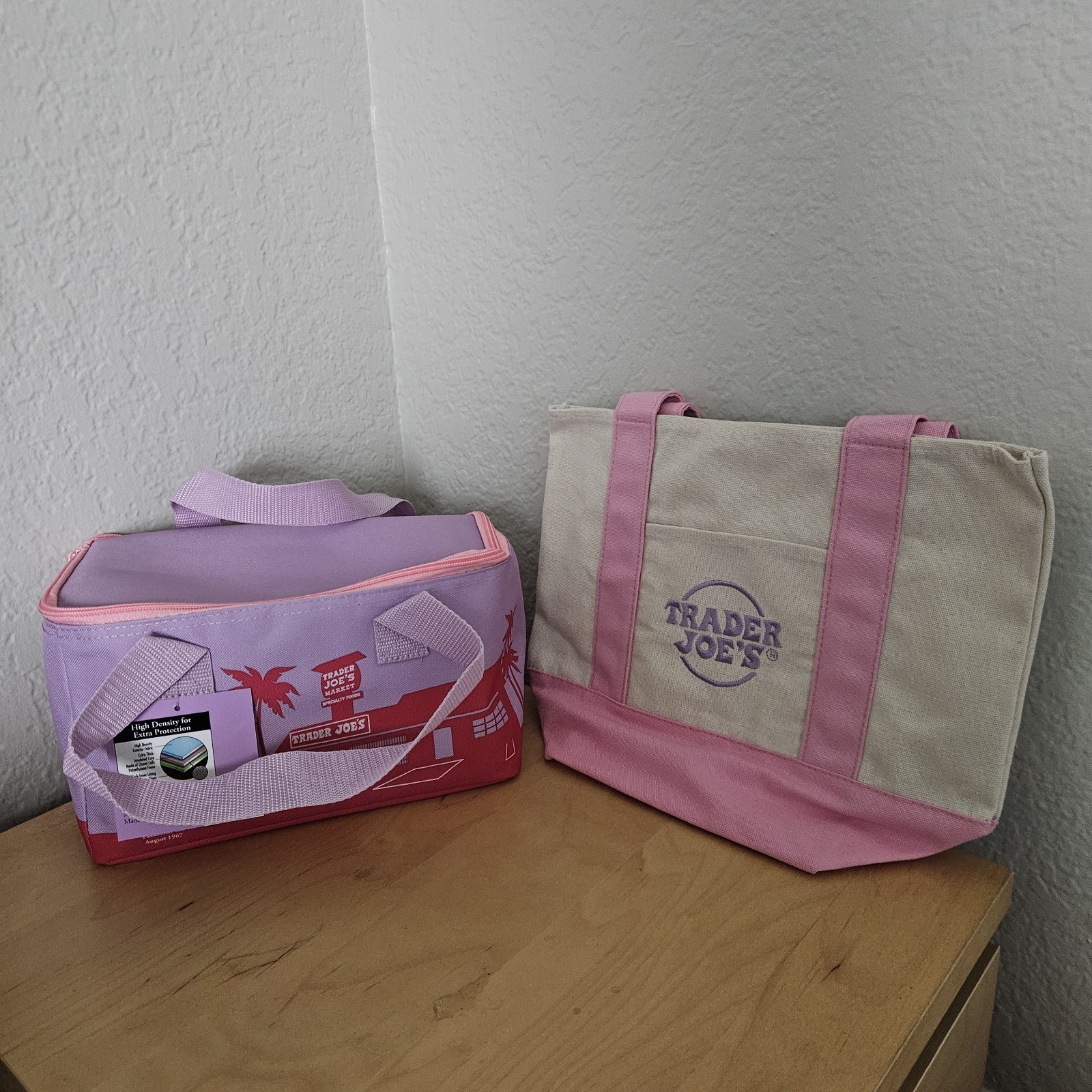 Set of Trader Joe’s Mini Insulated Bag Lavender and Mini Canvas Tote Pink