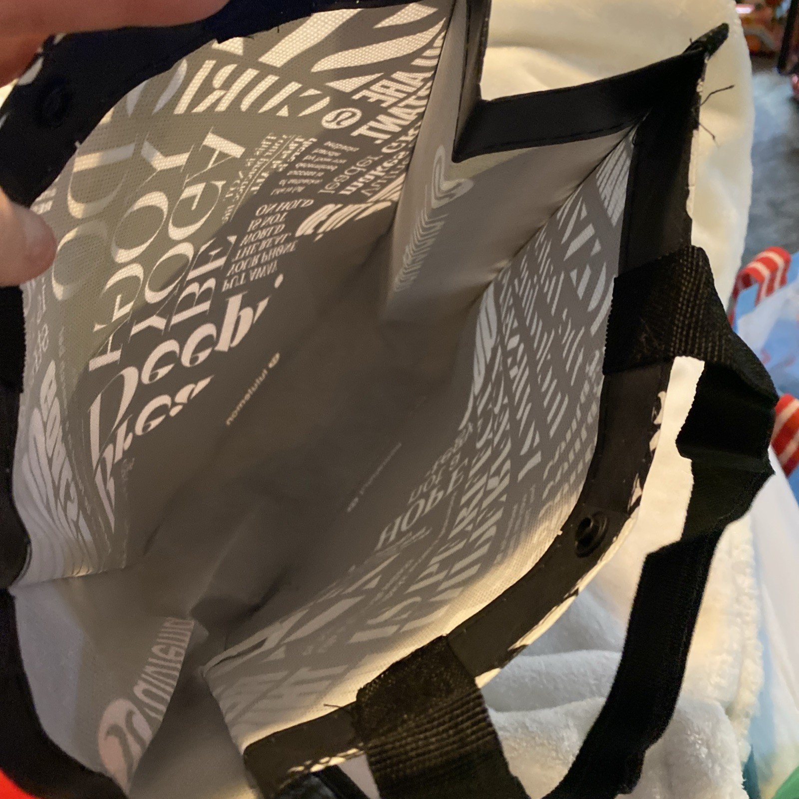 Lot of 2 Lululemon Small Shopping Bags Black/White Yoga Text 12″x9″