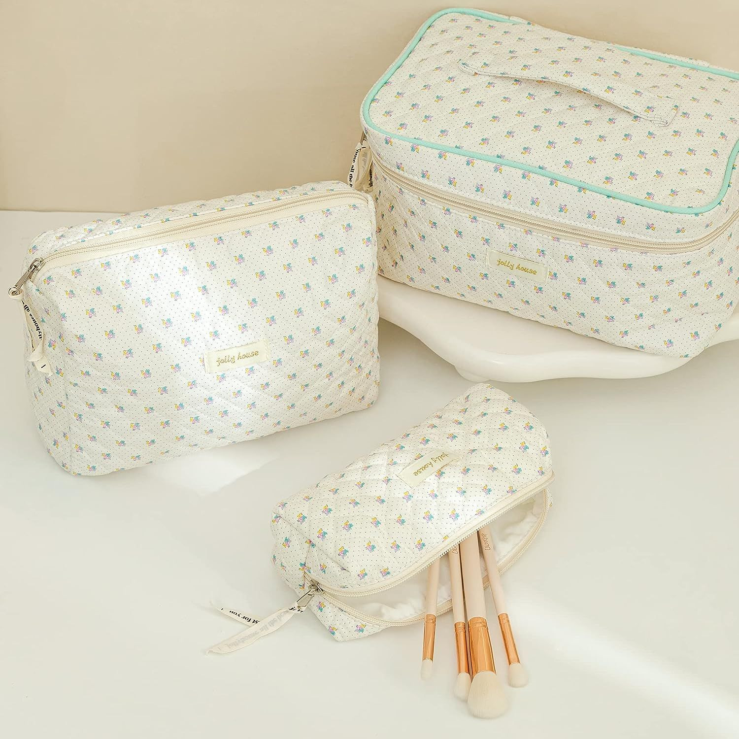 HBselect 3Pcs Cotton Quilted Makeup Bag Coquette Large Flower-3pcs