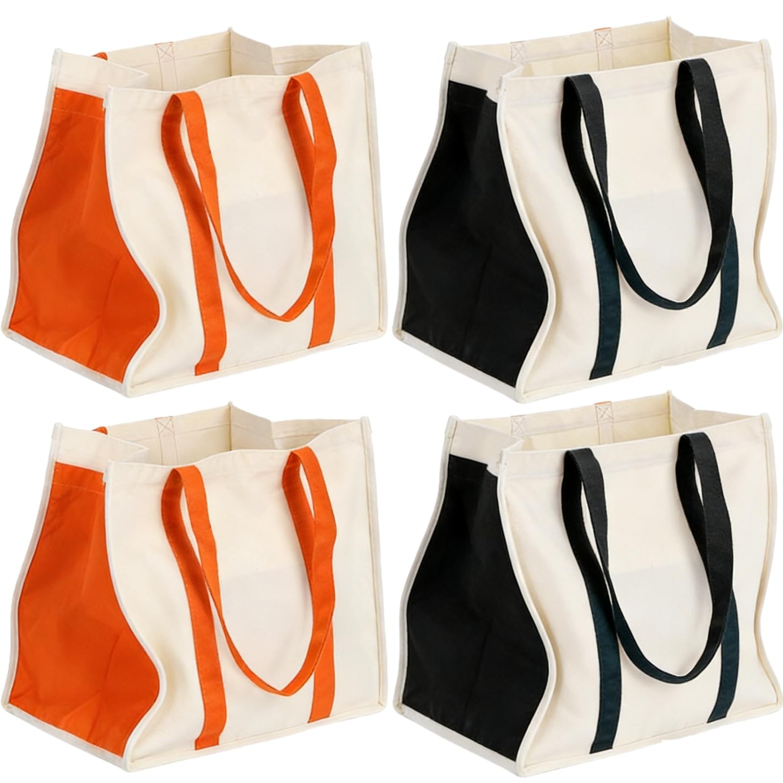 4 Pack Heavy Duty Reusable Canvas Grocery Bags with Side Pockets, Foldable Tote