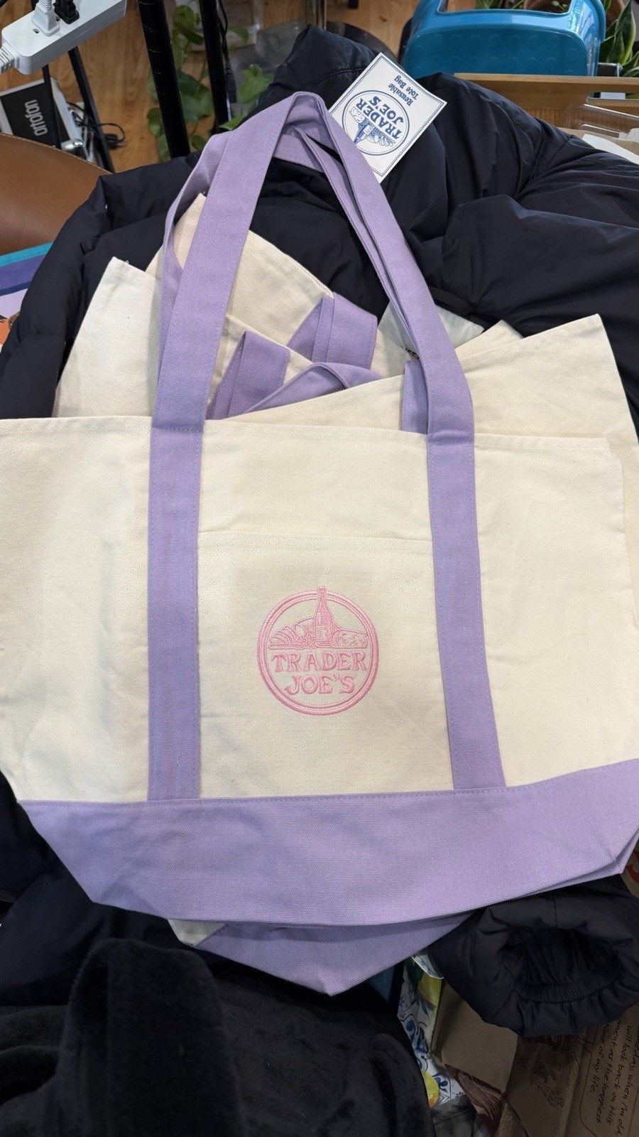 Trader Joe’s Reusable Foldable Canvas Tote Bag Beige Purple Color Block