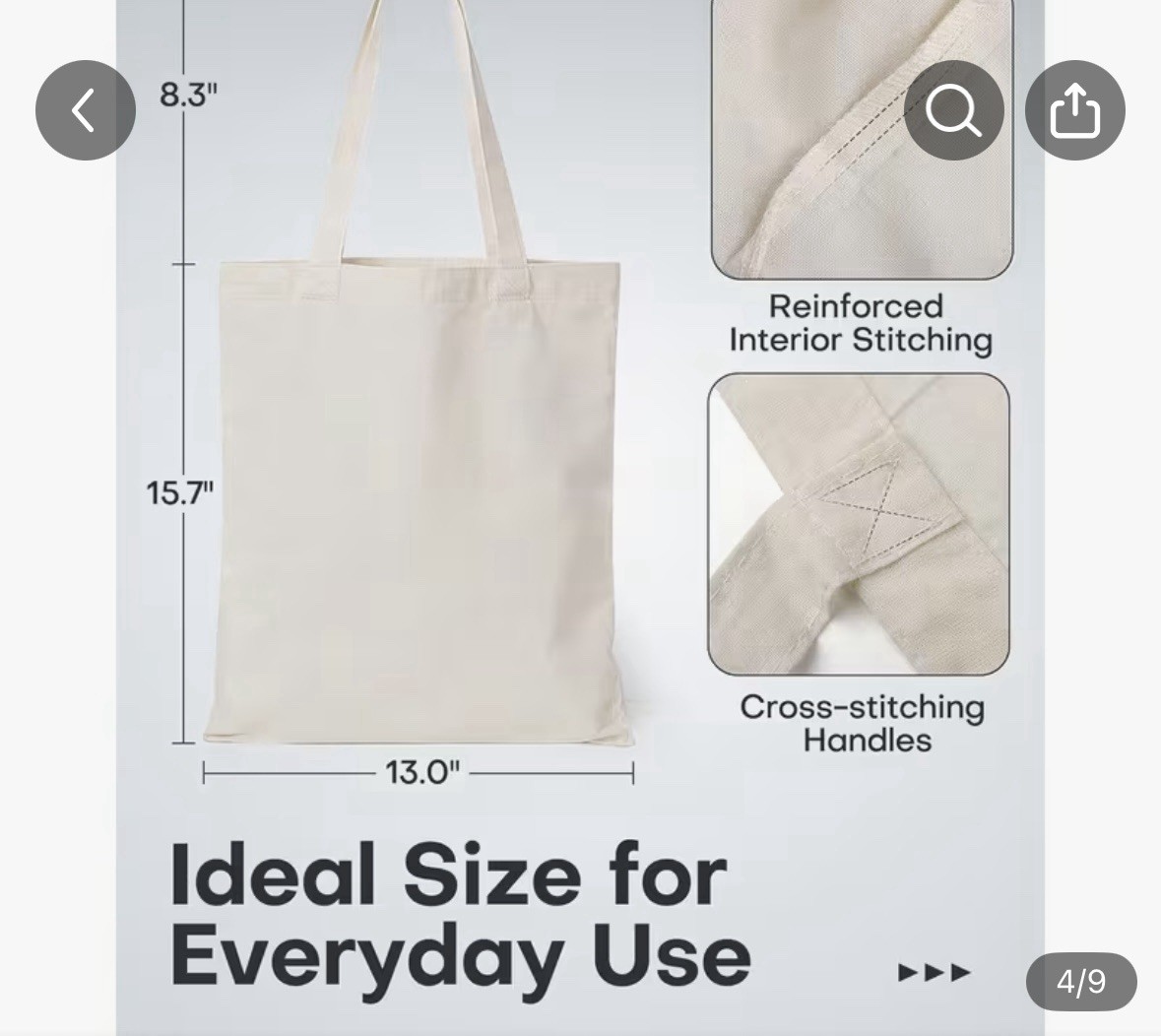 Beige Solid Reusable Tote Shopping Bag 15.7 x 13.0 in, Reinforced Stitching