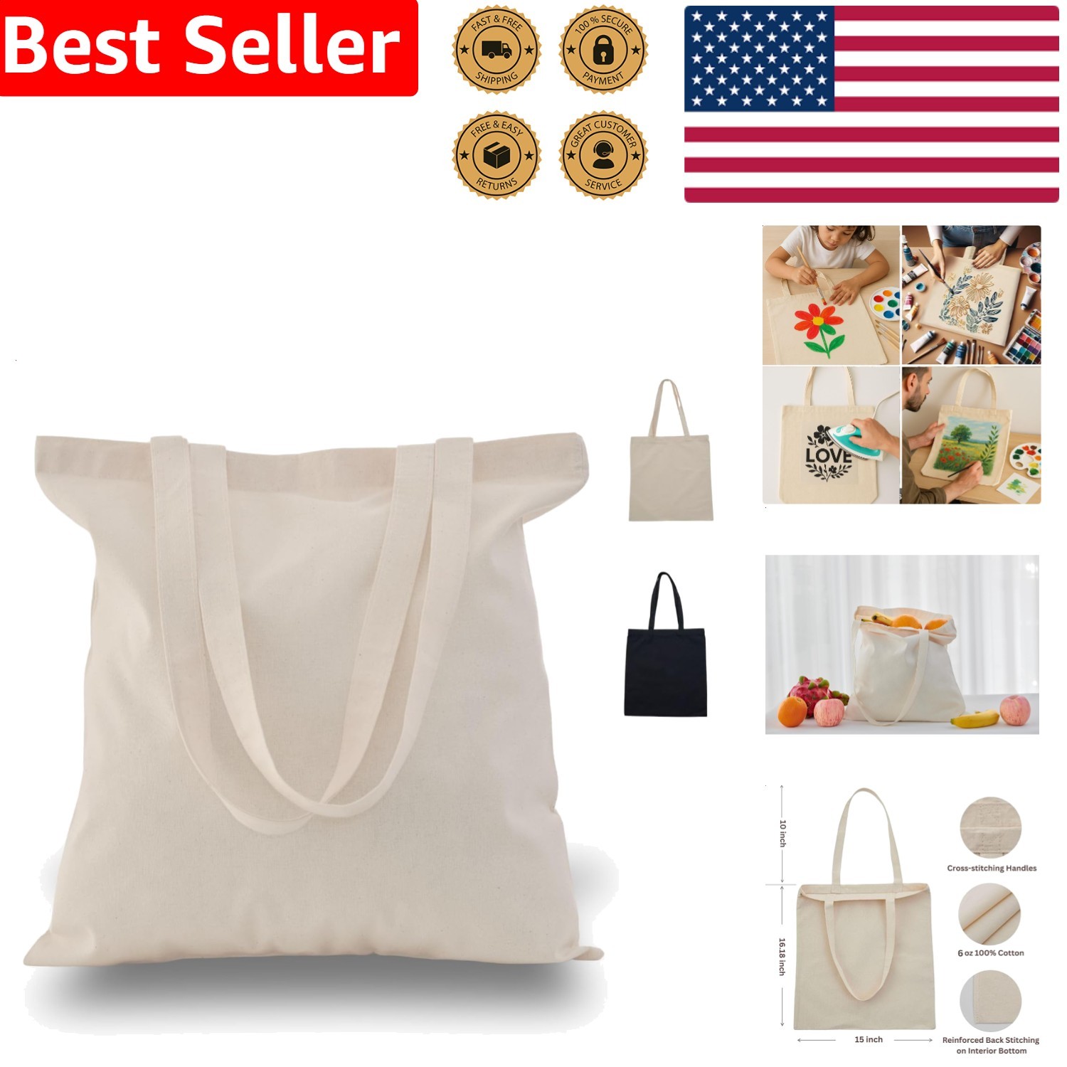 Canvas Tote Bag 15×16, Bulk Reusable Cotton for Grocery DIY Crafts 2 6 12 Pack