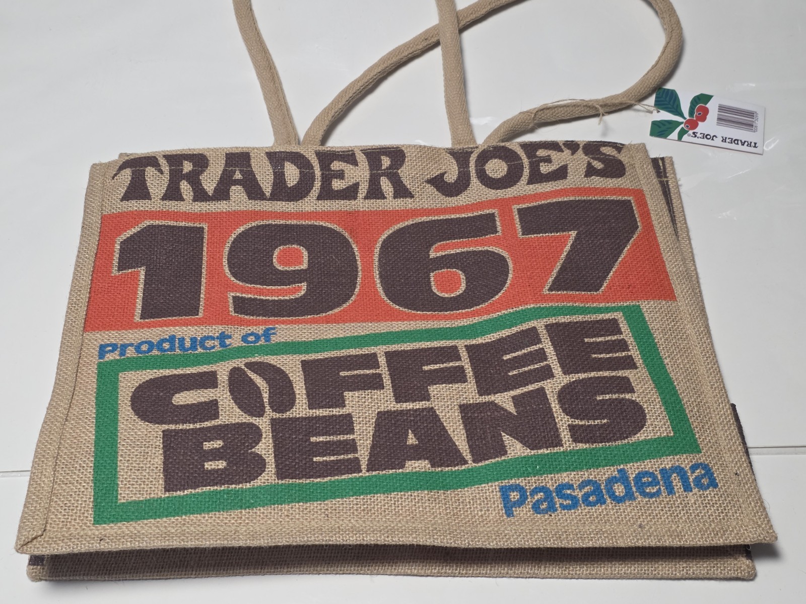 Trader Joe’s Coffee Beans Burlap Jute Tote Reusable Shopping Bag Pasadena 1967