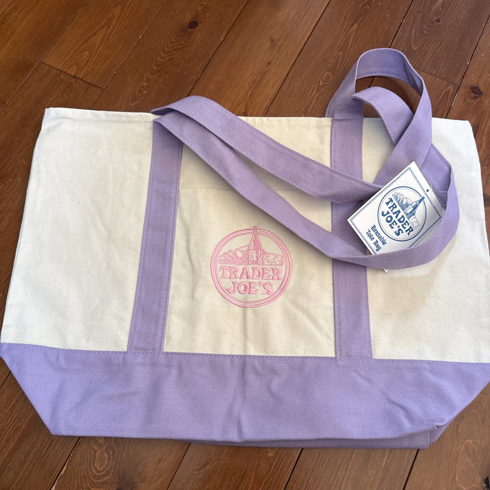 Trader Joe’s Foldable Cotton Polyester Tote Bag Purple Beige Reusable Shopping