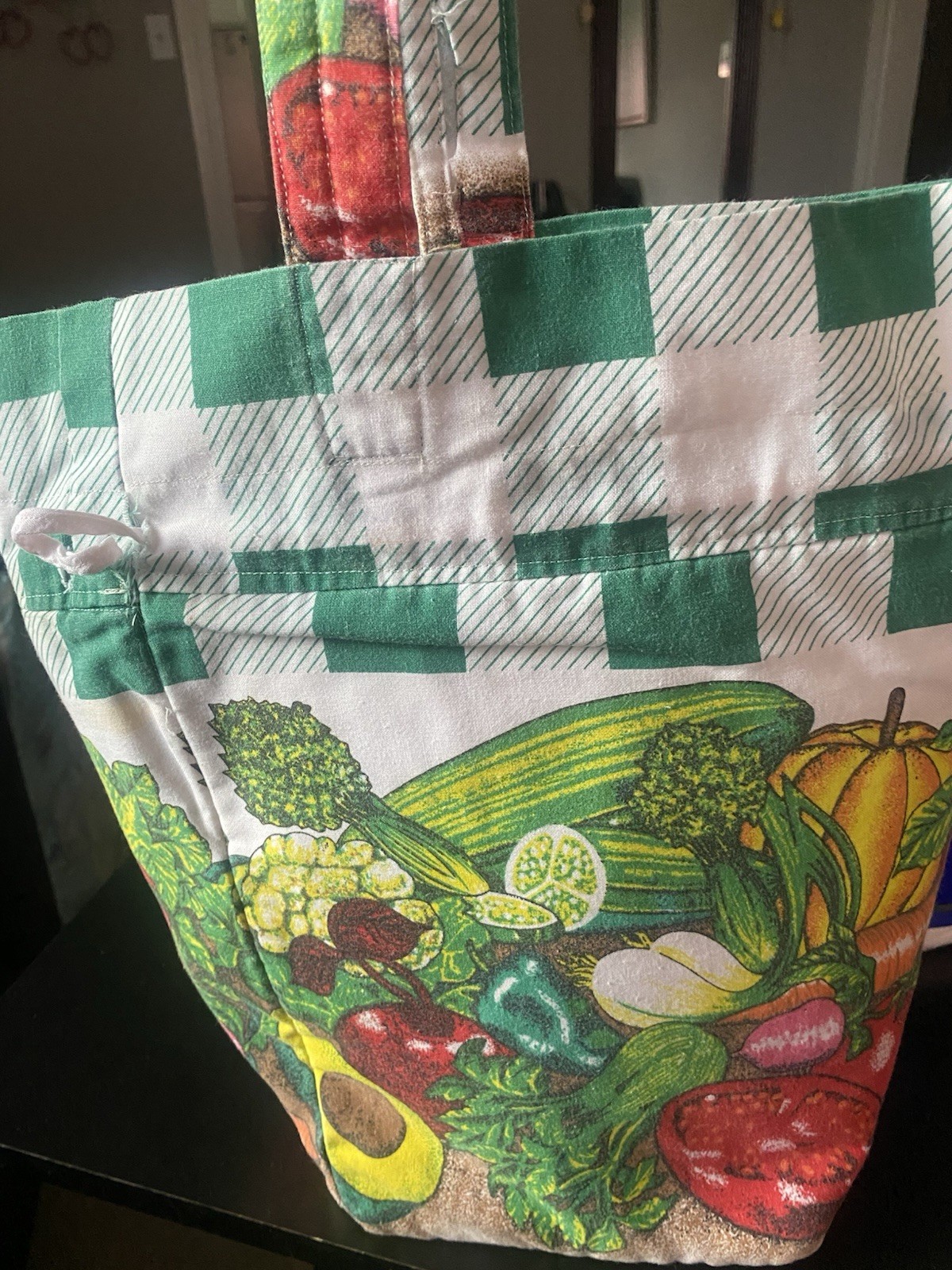 Canvas Drawstring Reusable Shopping Bag Vegetable Print Medium 12x15x5 in