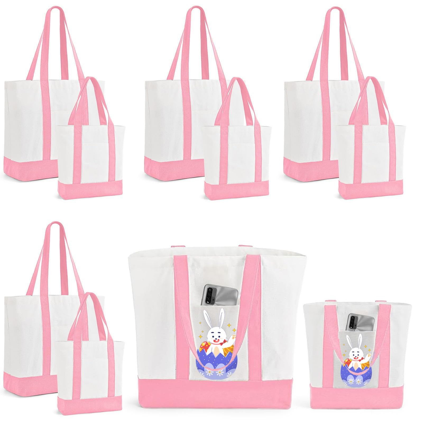 10Pcs Canvas Tote Bag Bulk with Outer Pocket, 12oz Cotton Blank Canvas Tote Bags
