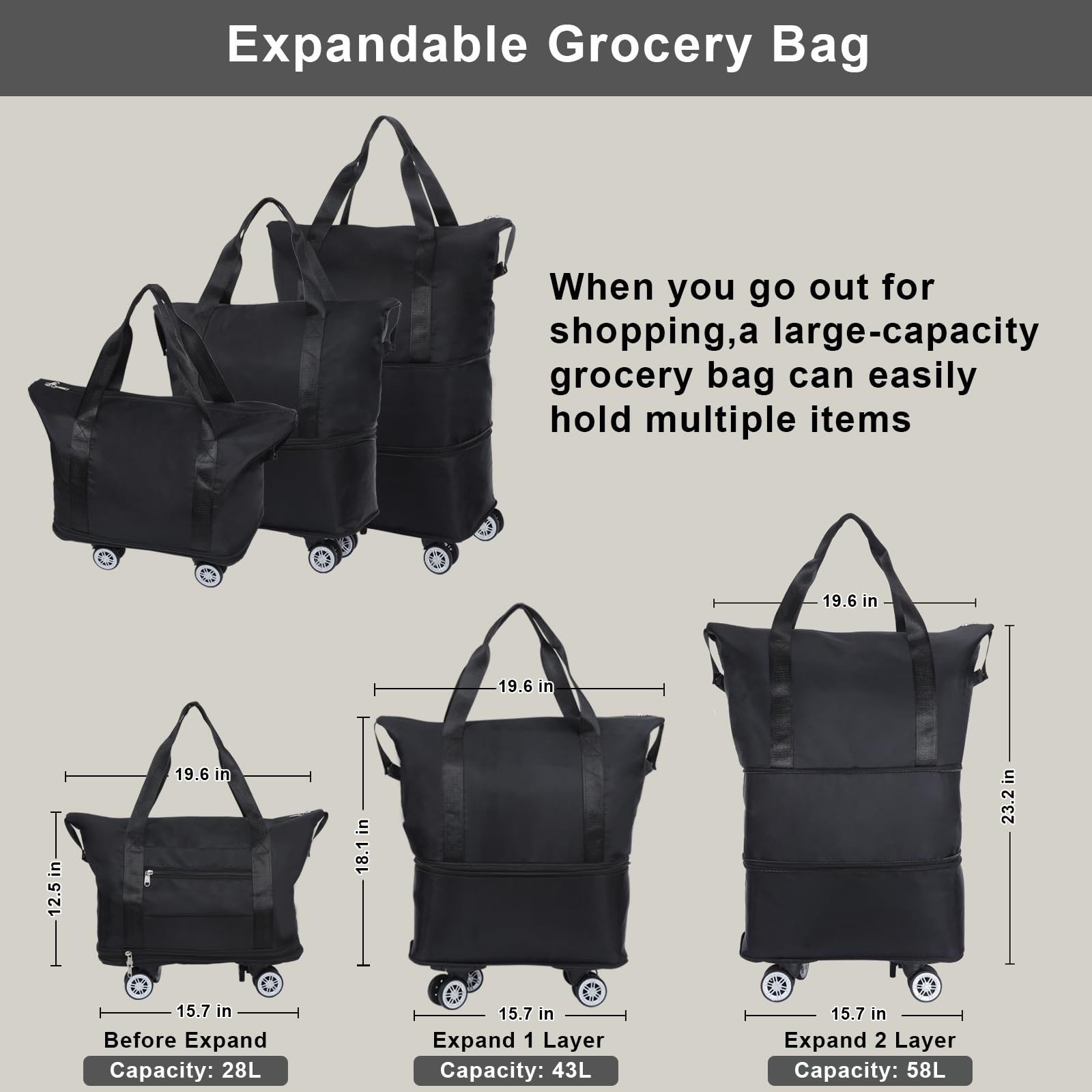 Reusable Grocery Bag on Wheels Shopping Bag with Wheels, Detachable Roller Tote