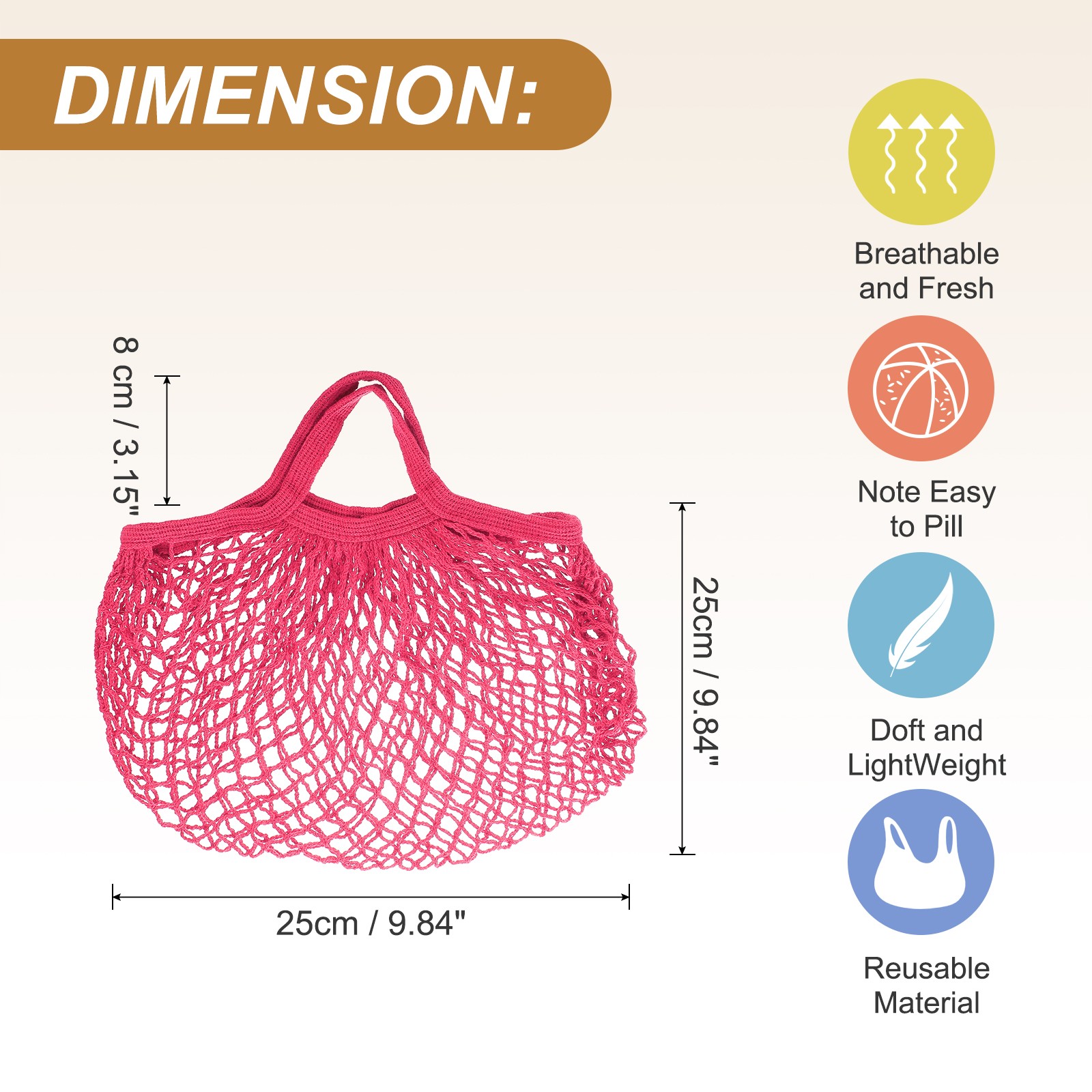Reusable Mesh Produce Storage Bags Washable Portable Bag Short Handle, Rose Red