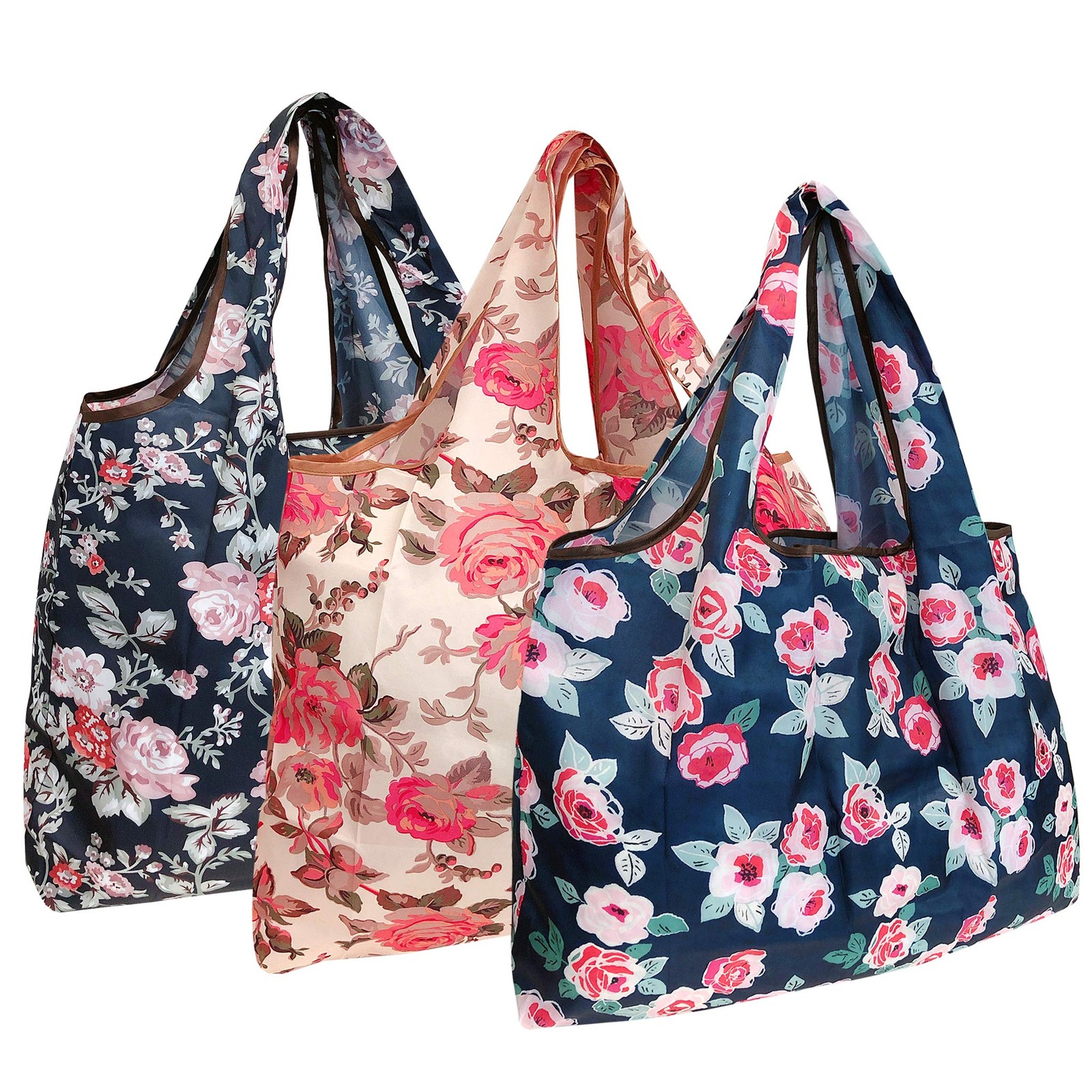 EcoFriendly Large Nylon Reusable Shopping Bags Set of 3 Rose Garden