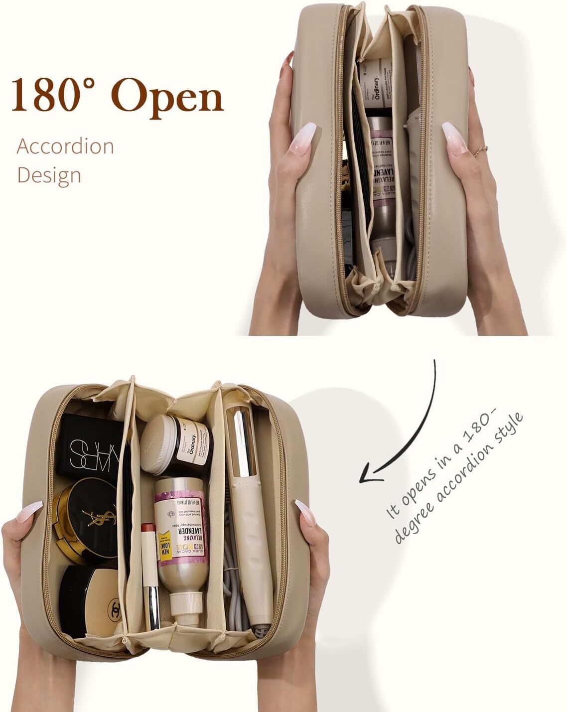 Pocmimut Makeup Bag,PU Leather Travel Cosmetic Bag,Open Flat Large, Apricot