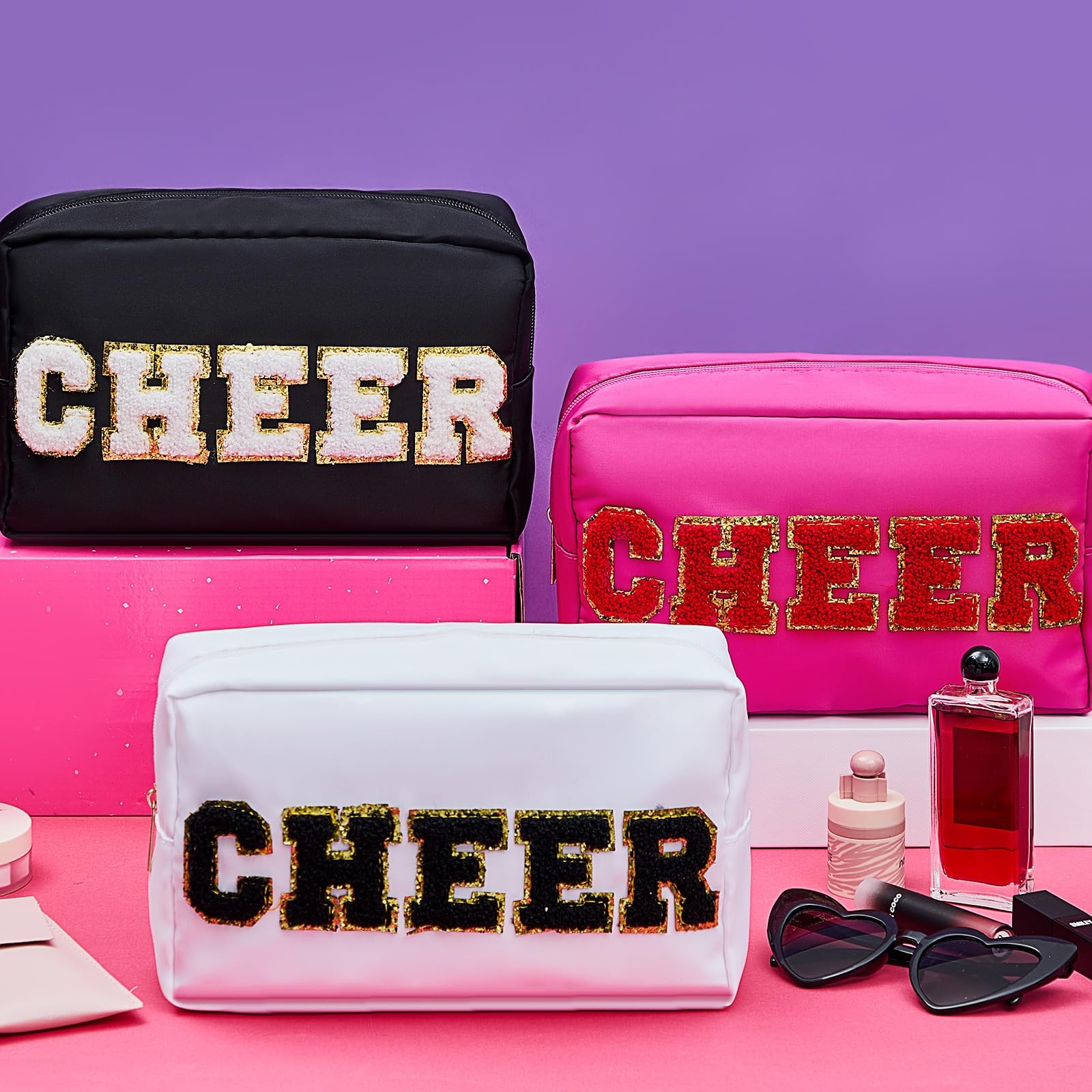 Clysee 12 Pcs Cosmetic Cheer Bag Bulk with Chenille Letter Bright Colors
