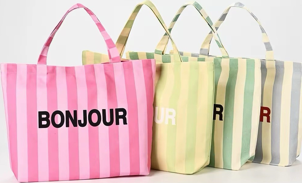 Striped Multicolor Reusable Tote Bag w/ Handles “BONJOUR” 14x16x7 in