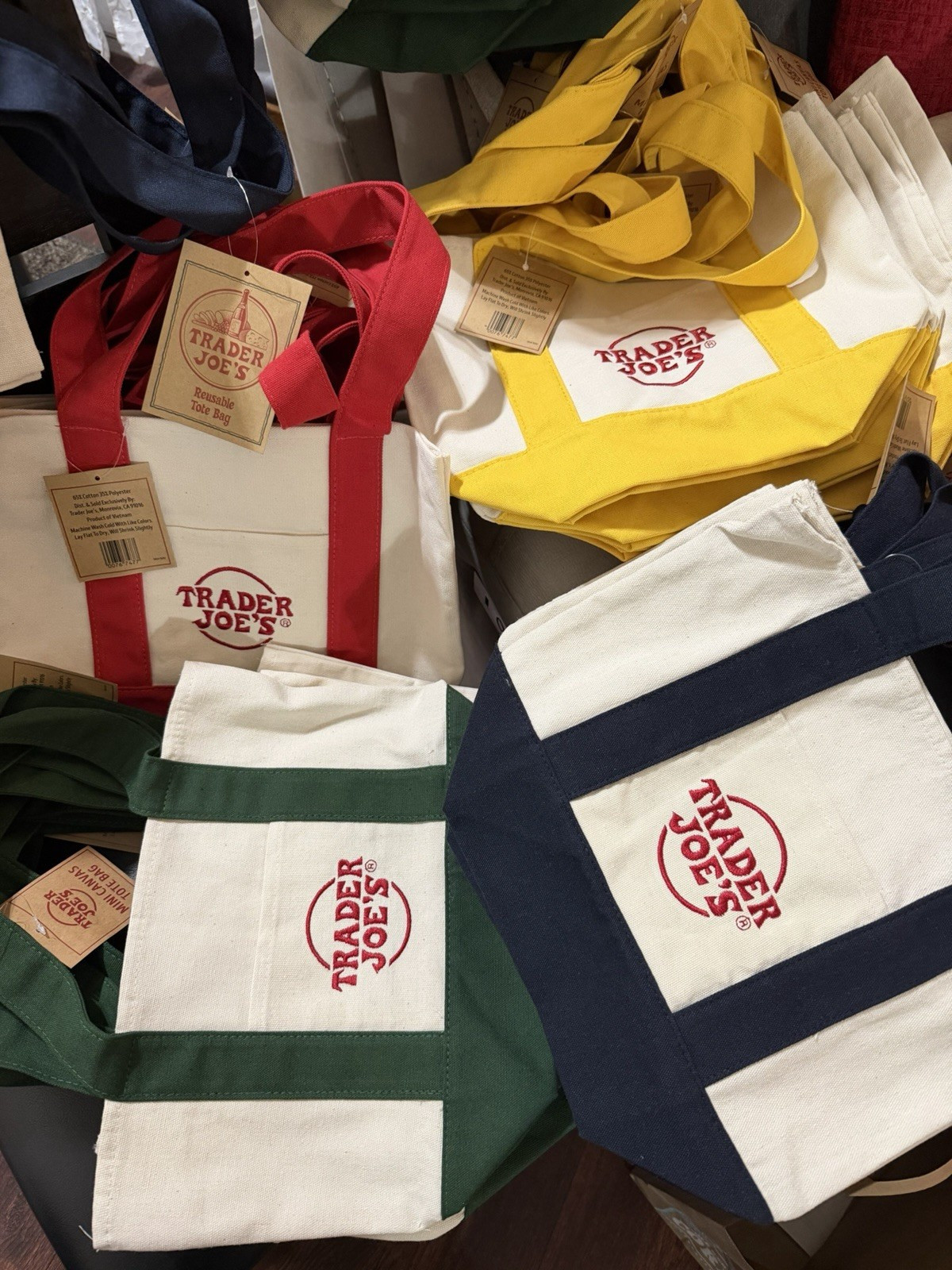 Trader Joe’s Limited Holiday Canvas Reusable Tote Bag Multicolor Solid Plain 4pc