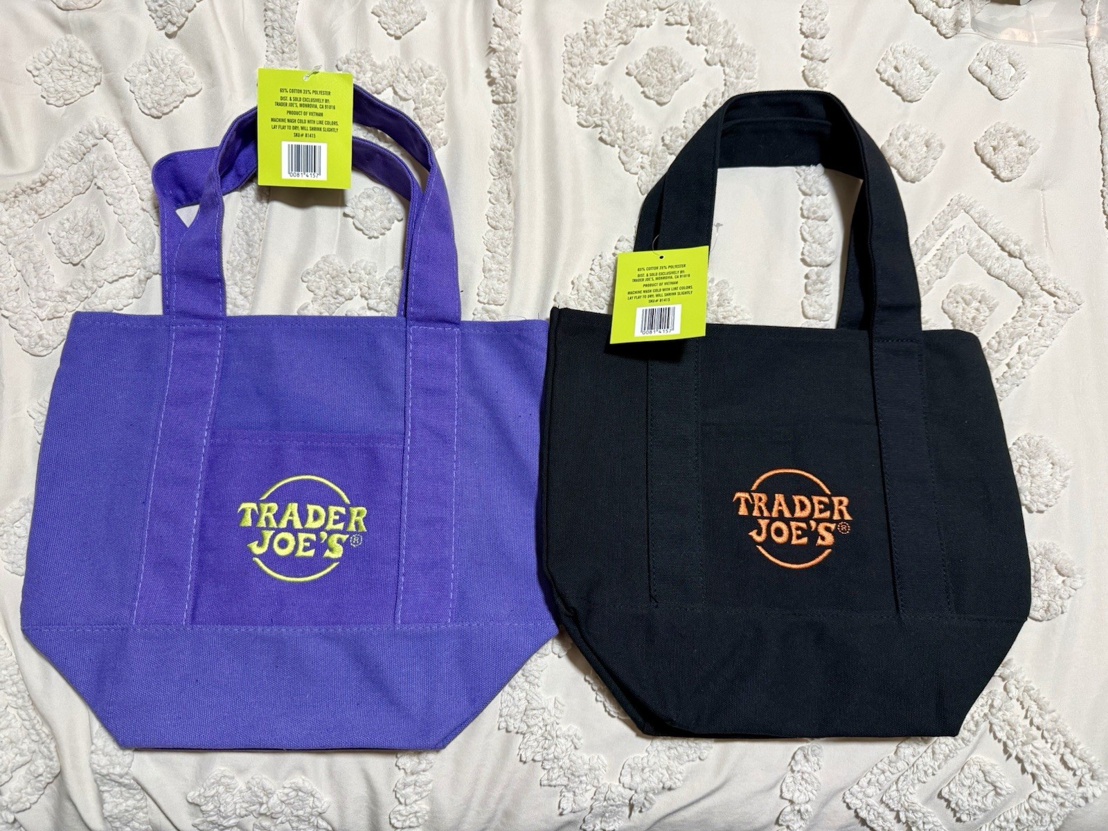 New Halloween Trader Joe’s Canvas Mini Tote Bag Set 2-Pack Purple/Black 12x9x6″