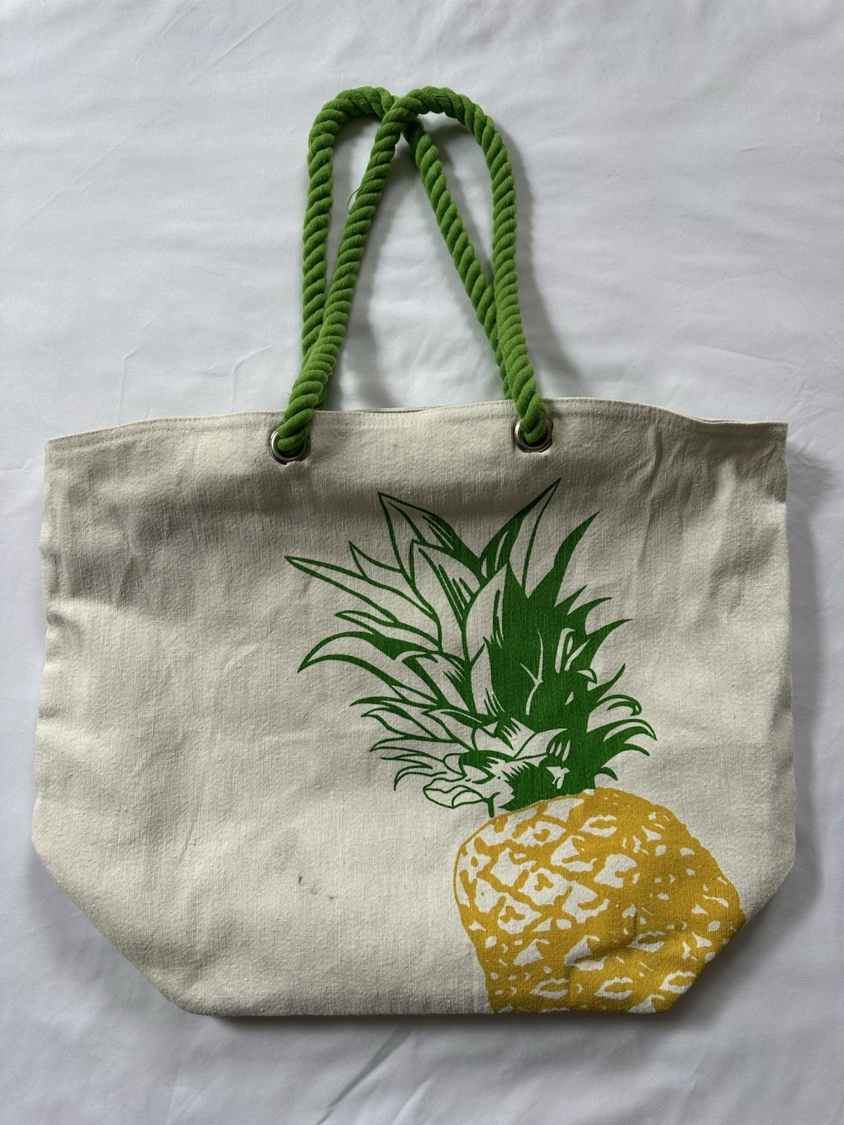 Canvas Tote Bag Pineapple Print Green Rope Handles Foldable Beige Yellow Beach
