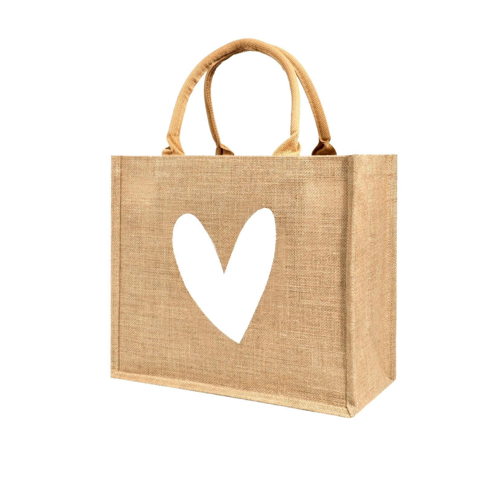 Burlap Tote Bags Handles White Heart Printed Reusable Jute Gift Waterproof